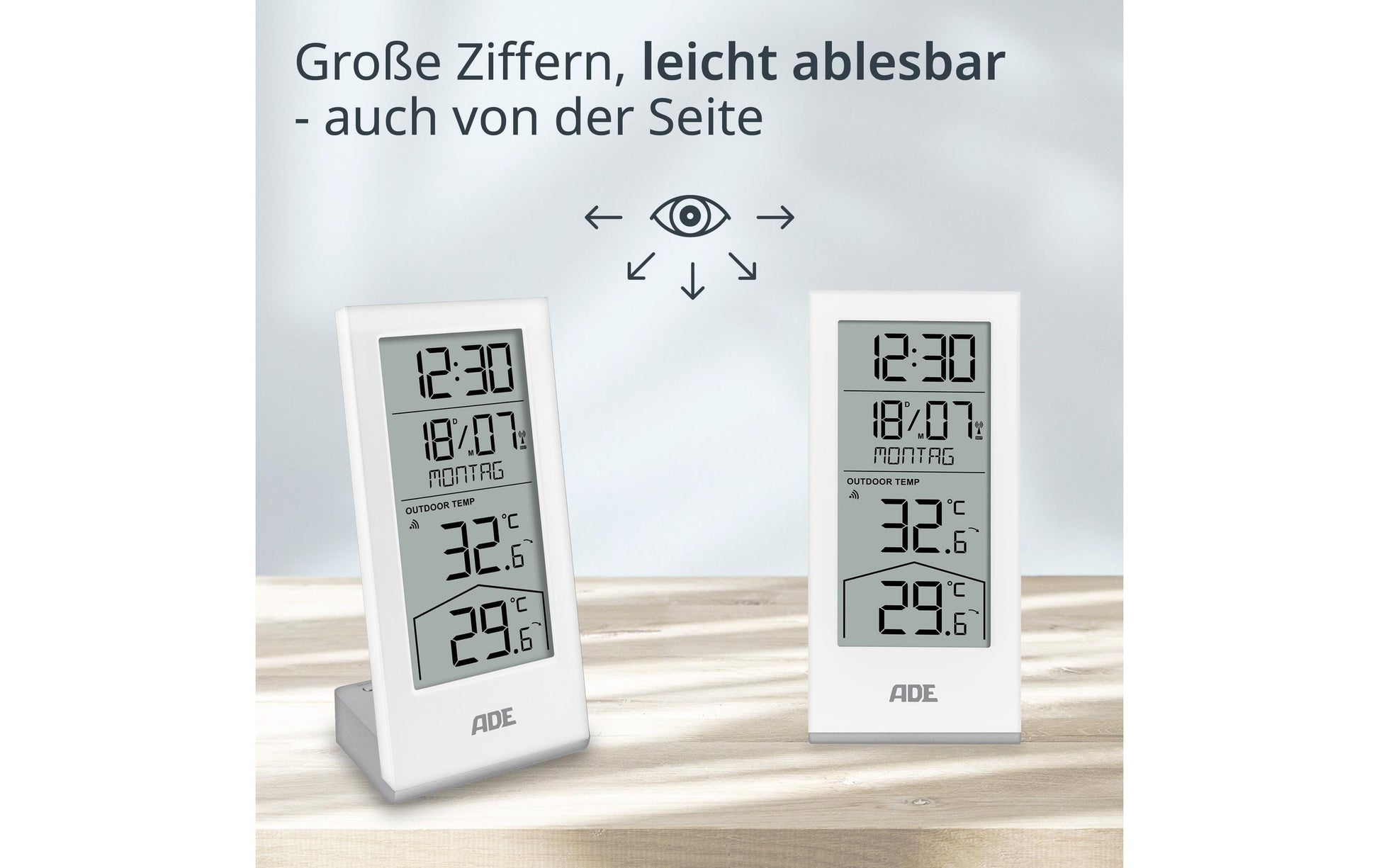 ADE Wetterstation – Funk, inkl. Aussensensor, Uhrzeitanzeige – Weiss