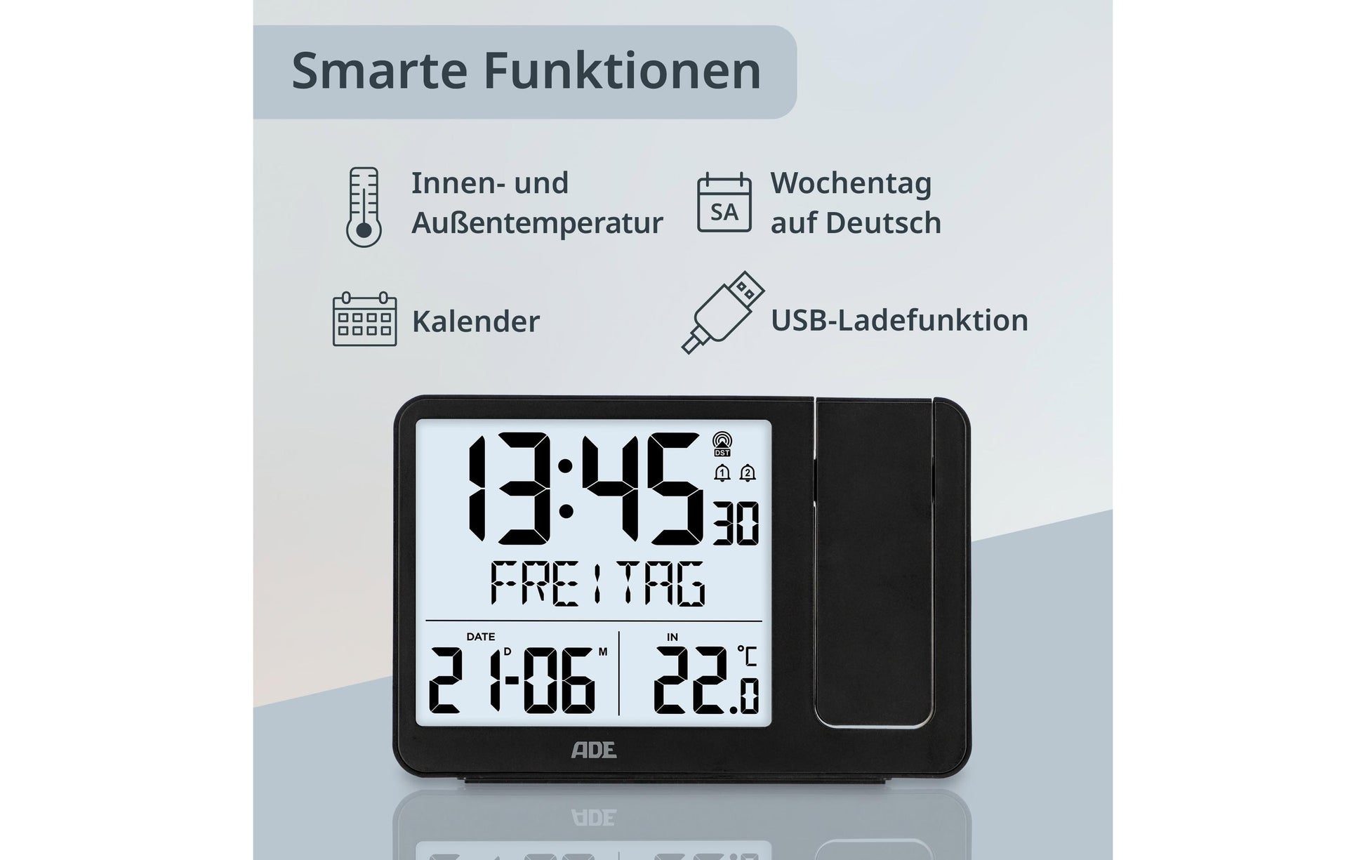 ADE Wecker CK2406-1 – digital – 15,4 × 10,4 × 4,2 cm, schwarz, Schlummerfunktion, Thermometer