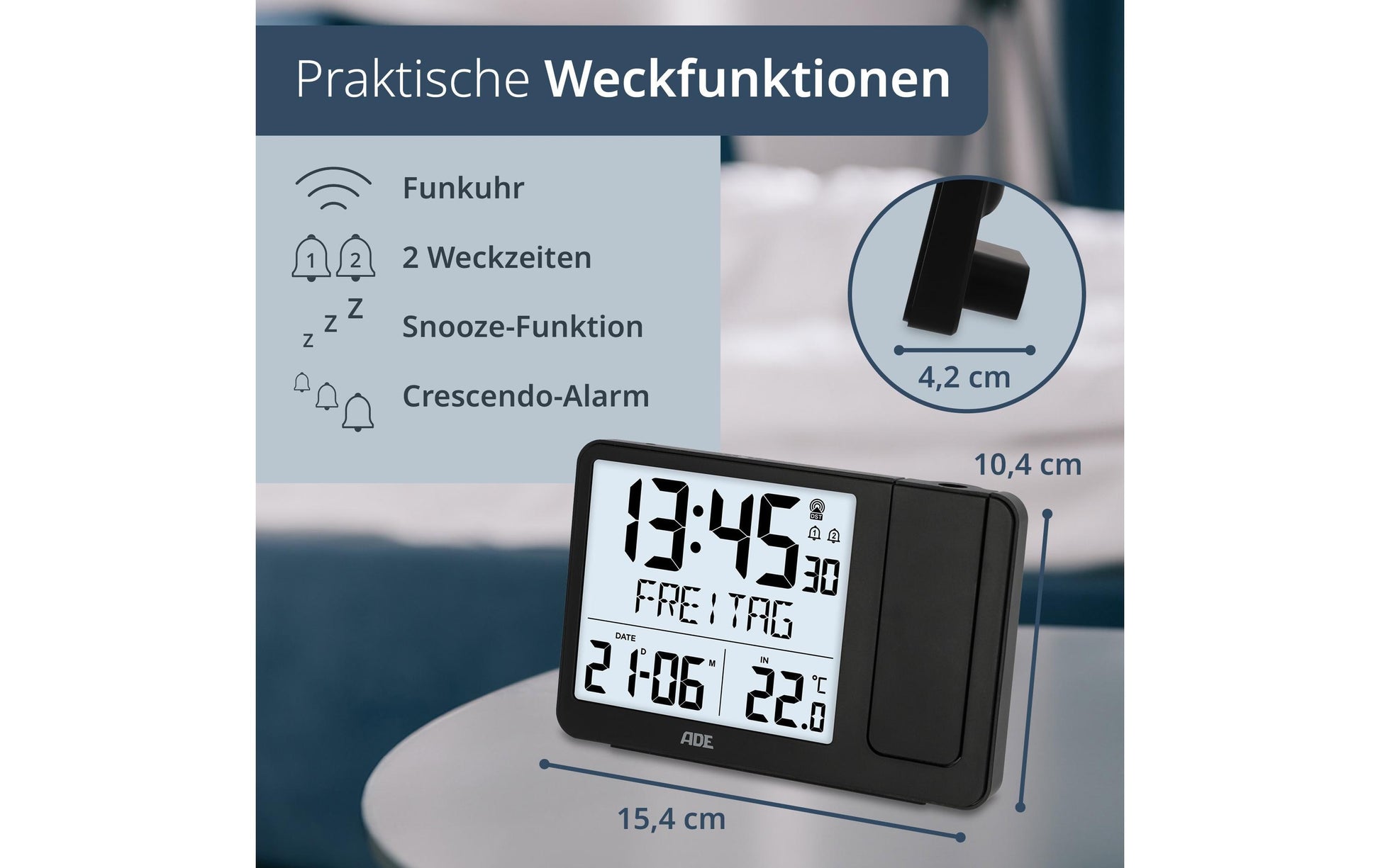 ADE Wecker CK2406-1 – digital – 15,4 × 10,4 × 4,2 cm, schwarz, Schlummerfunktion, Thermometer