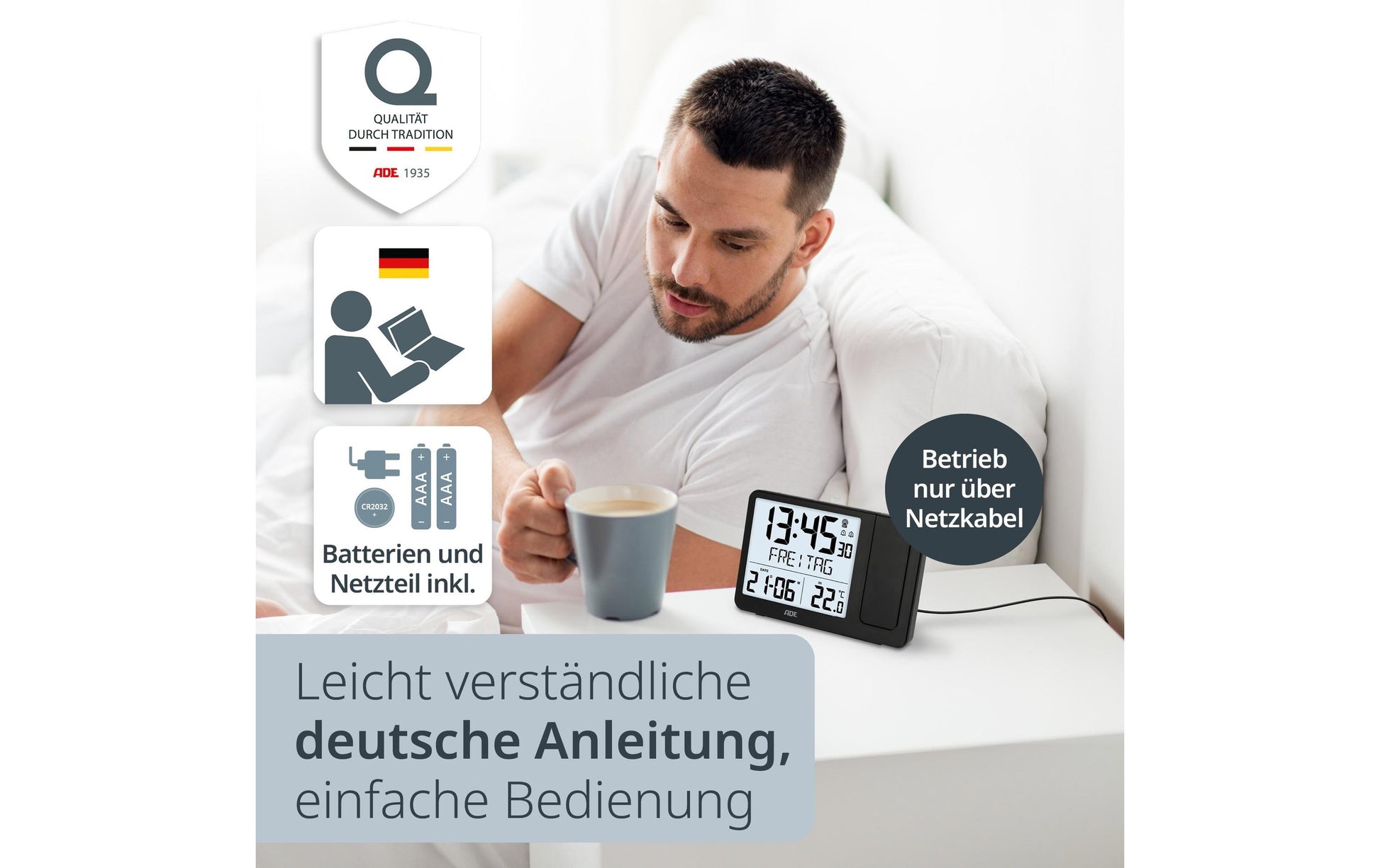 ADE Wecker CK2406-1 – digital – 15,4 × 10,4 × 4,2 cm, schwarz, Schlummerfunktion, Thermometer