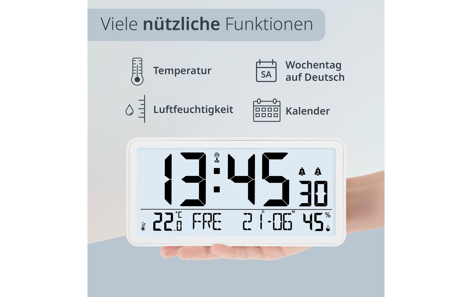 Ade Tischuhr – Digital, 9,2 × 4,9 × 18,8 cm, Weiss, Kunststoff