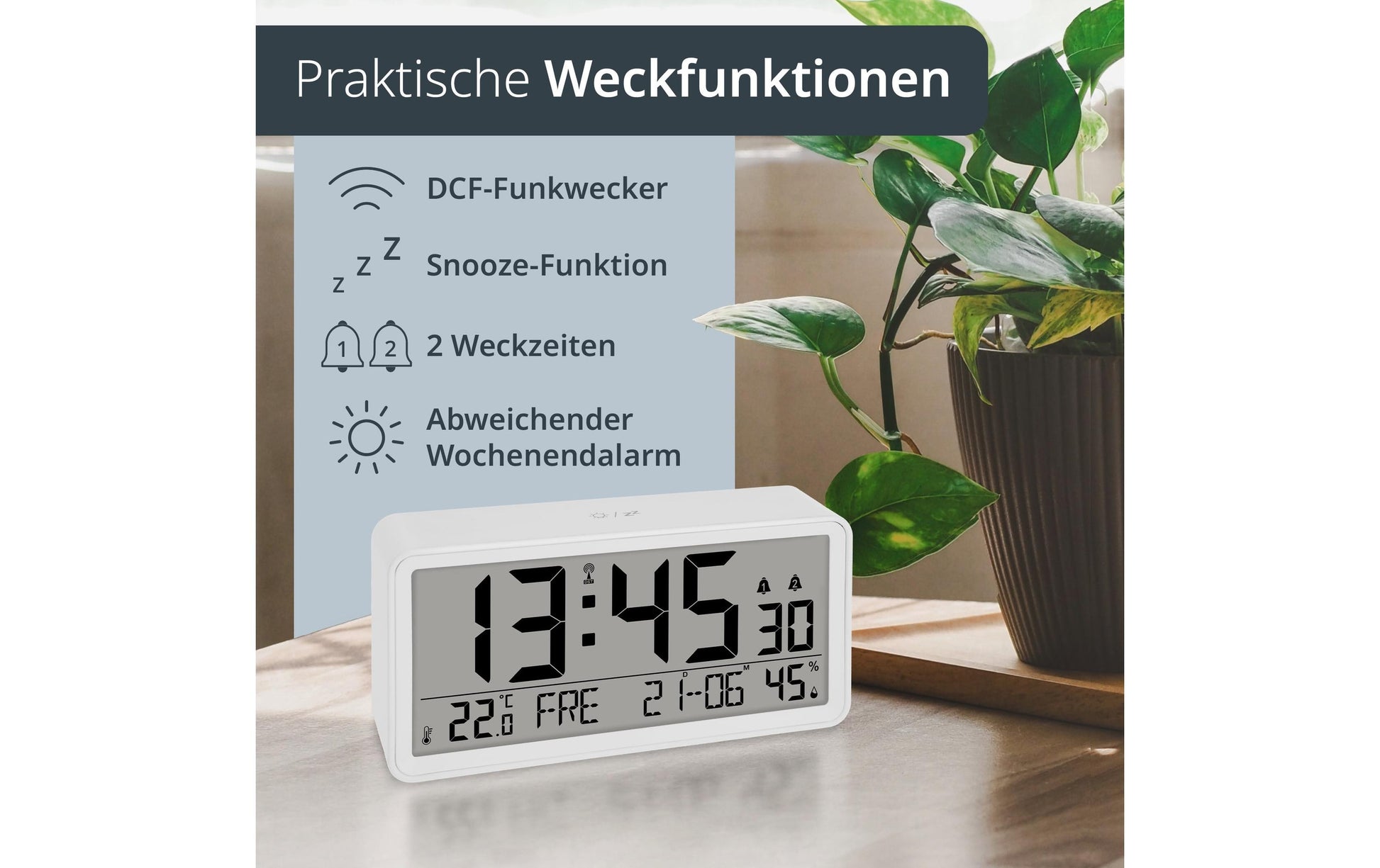 Ade Tischuhr – Digital, 9,2 × 4,9 × 18,8 cm, Weiss, Kunststoff