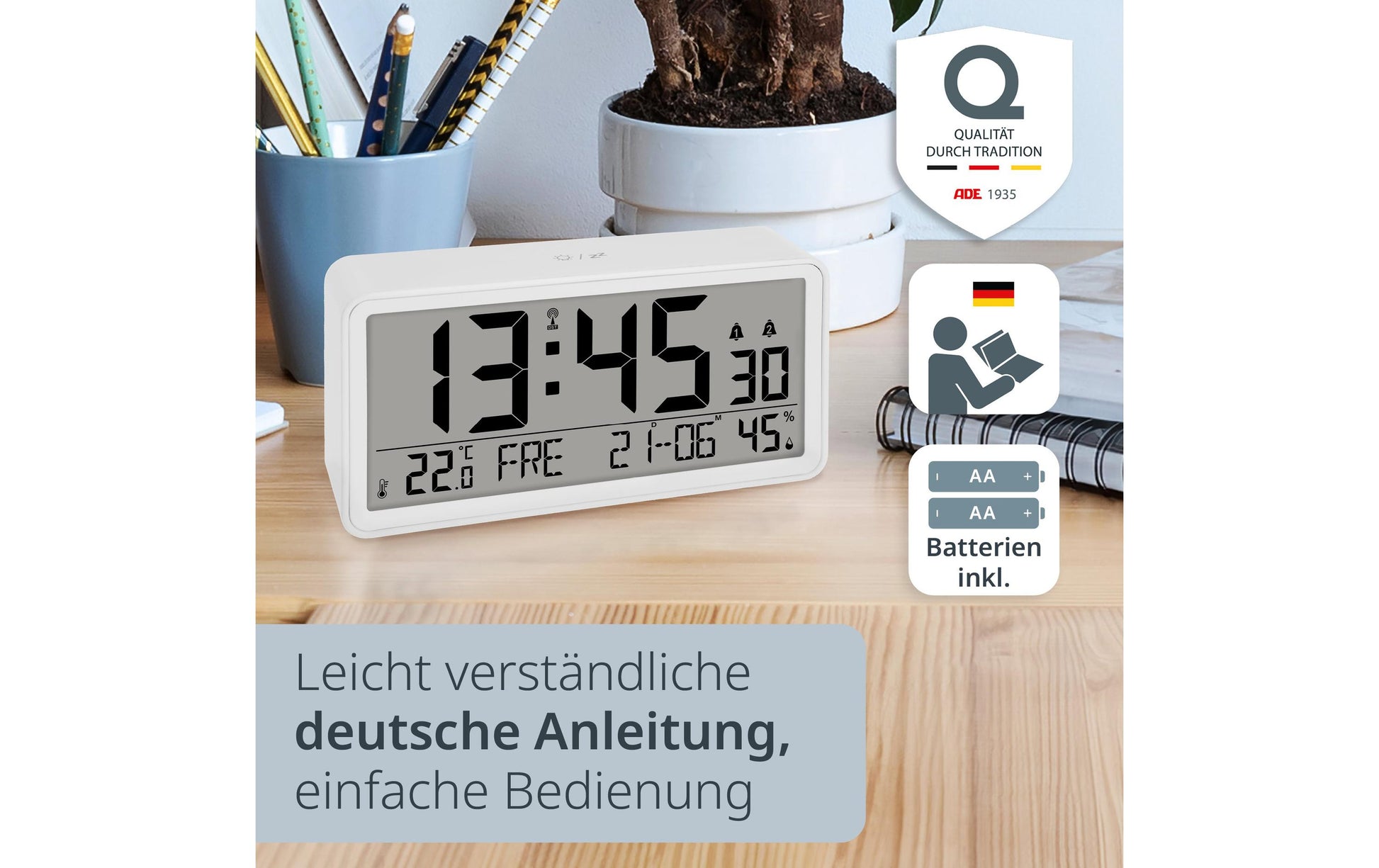 Ade Tischuhr – Digital, 9,2 × 4,9 × 18,8 cm, Weiss, Kunststoff