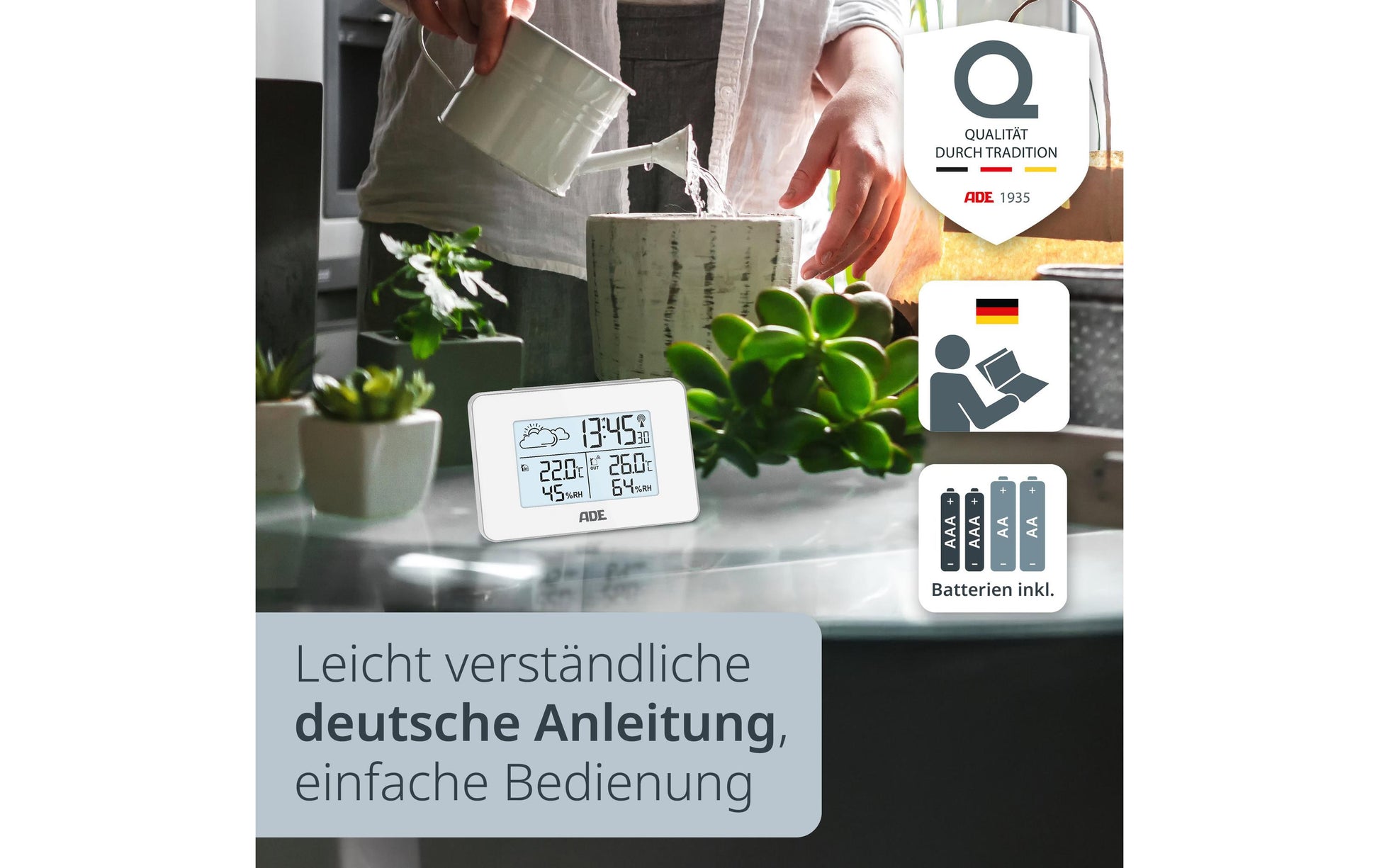 ADE WS2136-2 Temperatur-/Feuchtesensor – 433 MHz, −20–60 °C, 20–95 %, Innen/Aussen