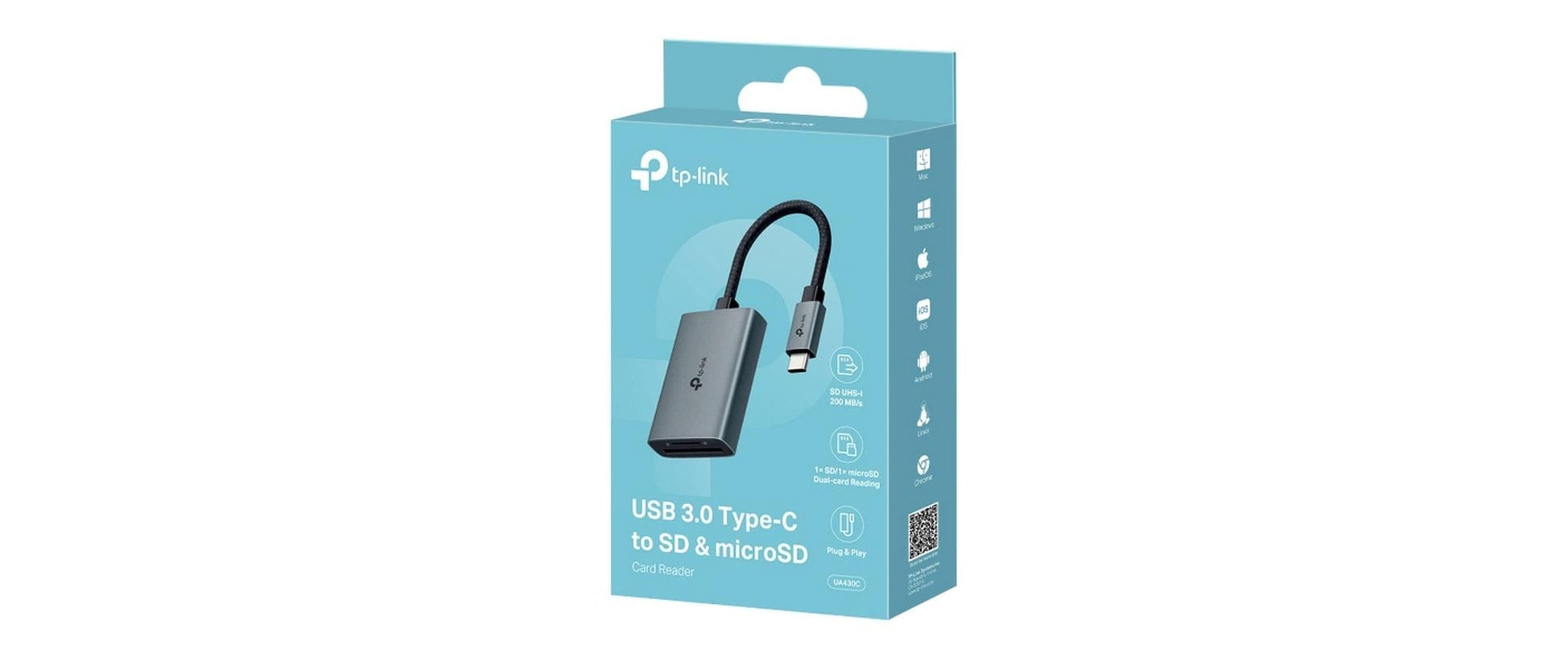 TP-Link UA430C USB-C Kartenleser – SD, microSD, UHS-I, USB 3.2 Gen 1 (5 Gbit/s), 0,15 m, Grau