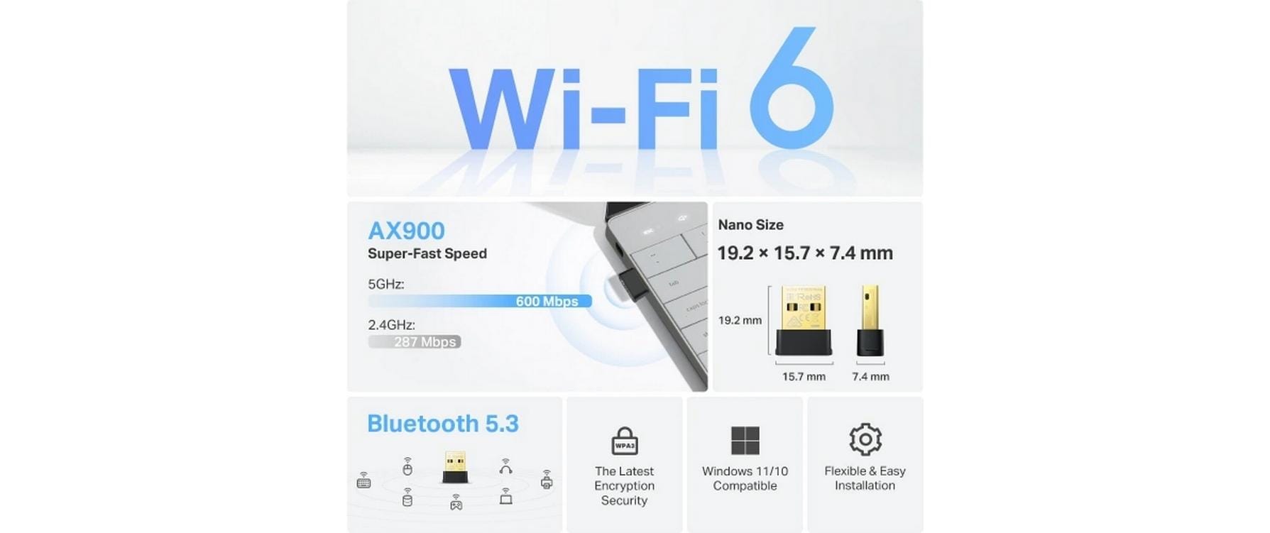 TP-Link Archer TX10UB Nano – USB-Adapter (Wi-Fi 6 (802.11ax), Dual-Band) – 600 Mbit/s, Bluetooth 5.3, USB 2.0