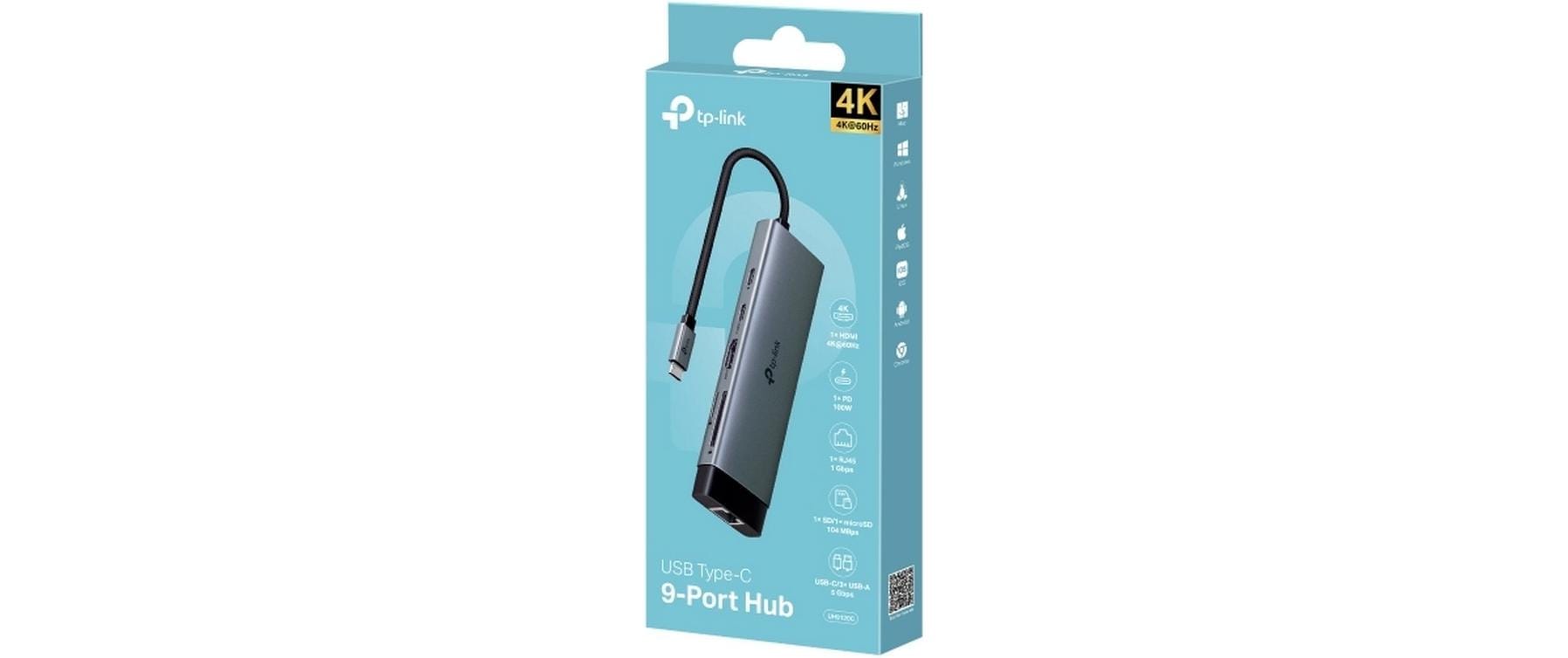 TP-Link UH9120C USB-Hub – USB-C, HDMI 4K, 1× USB-A, 3× USB-C, 100 W PD, GbE, SD/microSD, für Windows/Mac