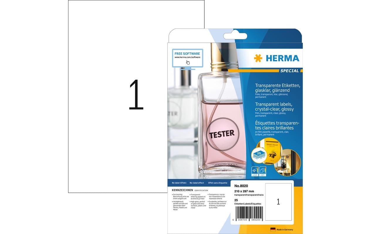 HERMA Etiketten auf Bögen, 210 mm × 297 mm, transparent, Folie, permanent, 25 Blatt