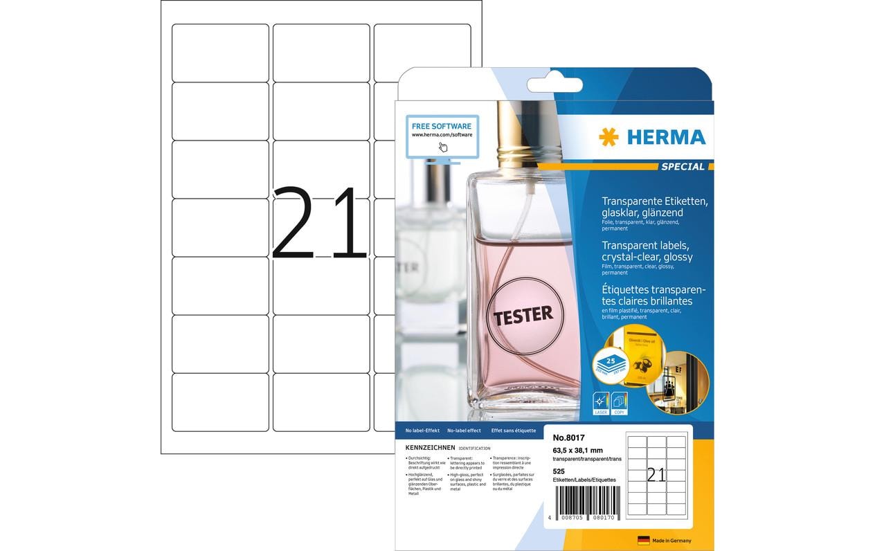 HERMA Drucketiketten, 64 mm × 38 mm, transparent, Folie, permanent, 25 Blatt (525 Etiketten)