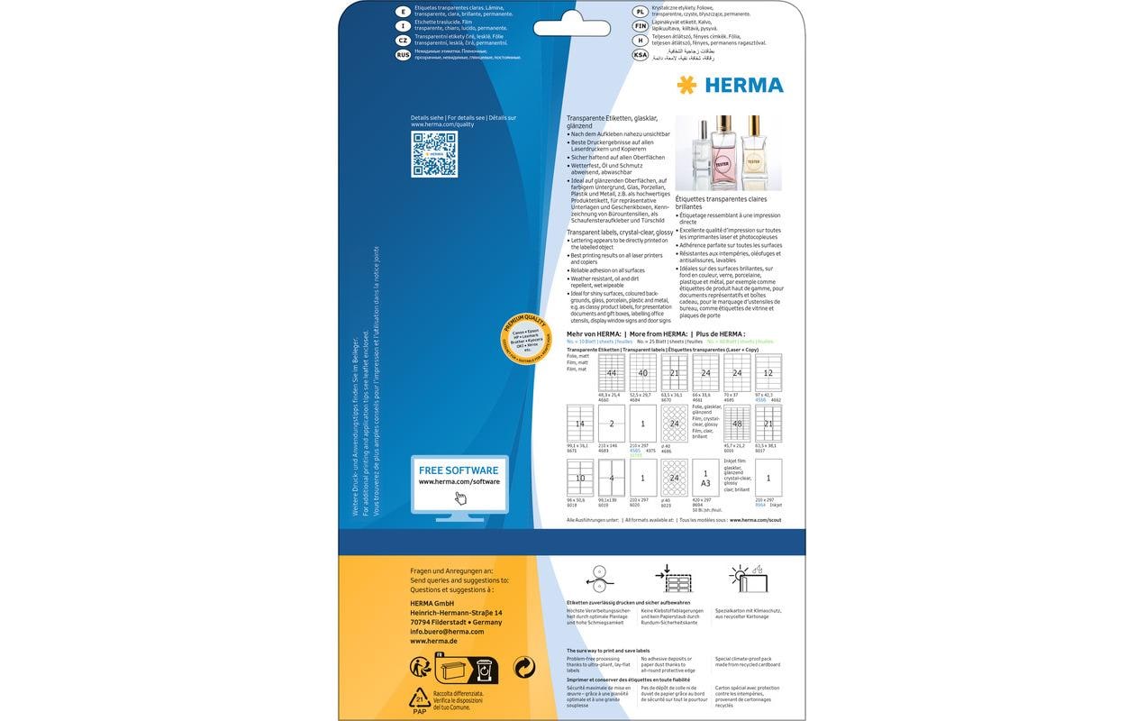 HERMA Druckeretiketten, Ø 40 mm (A4), transparent, Folie, permanent, 25 Blatt (600 Etiketten)