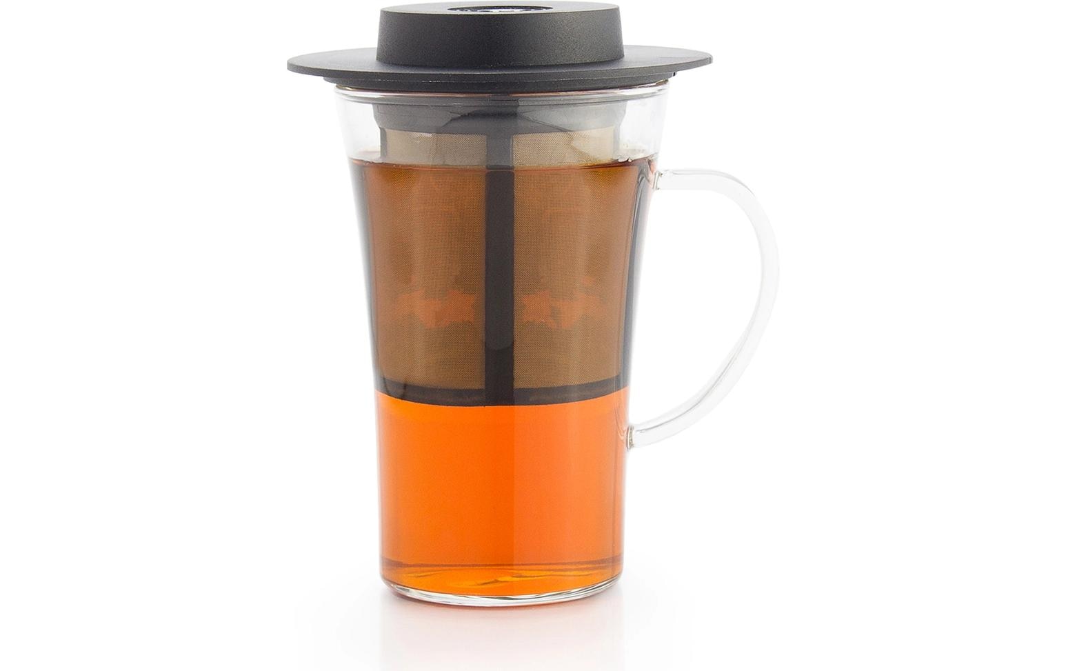 Finum Teetasse – 280 ml, 8 × 8 × 12 cm, Borosilikatglas, Schwarz/Transparent, mit Deckel, spülmaschinenfest