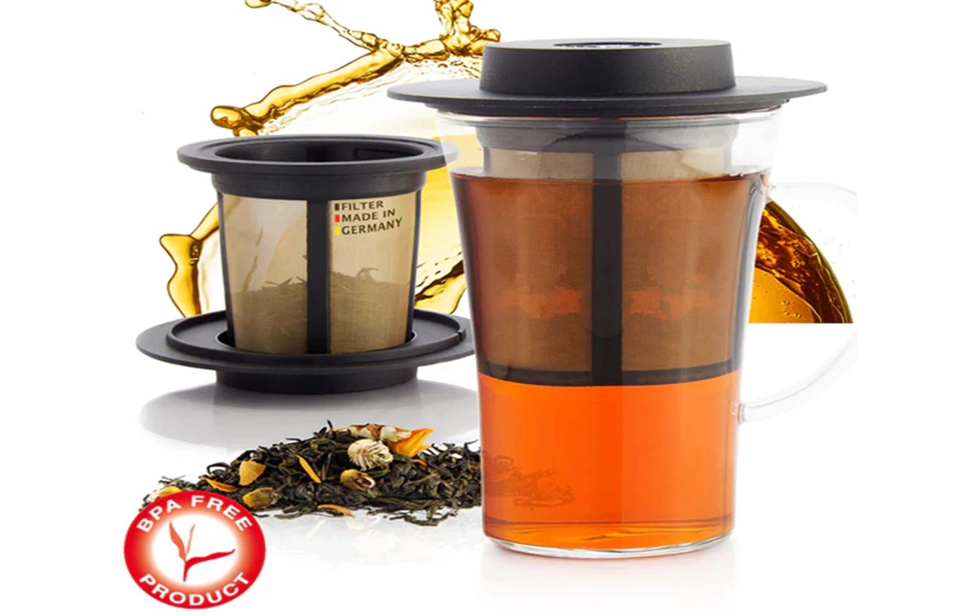 Finum Teetasse – 280 ml, 8 × 8 × 12 cm, Borosilikatglas, Schwarz/Transparent, mit Deckel, spülmaschinenfest