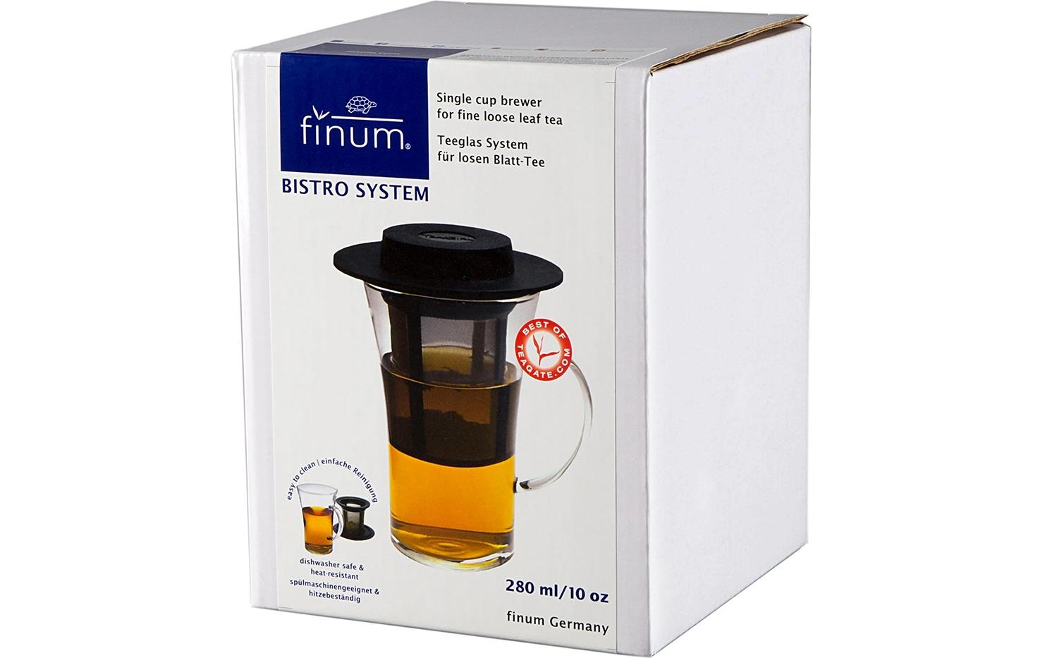 Finum Teetasse – 280 ml, 8 × 8 × 12 cm, Borosilikatglas, Schwarz/Transparent, mit Deckel, spülmaschinenfest