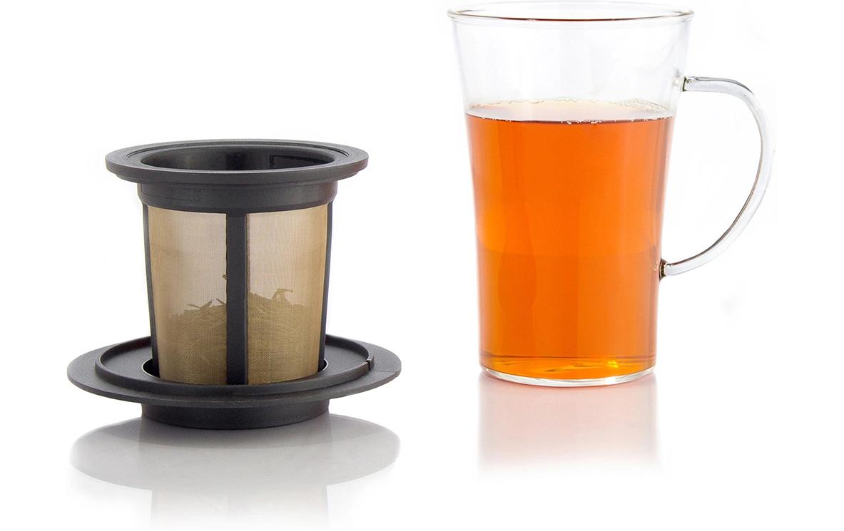 Finum Teetasse – 280 ml, 8 × 8 × 12 cm, Borosilikatglas, Schwarz/Transparent, mit Deckel, spülmaschinenfest