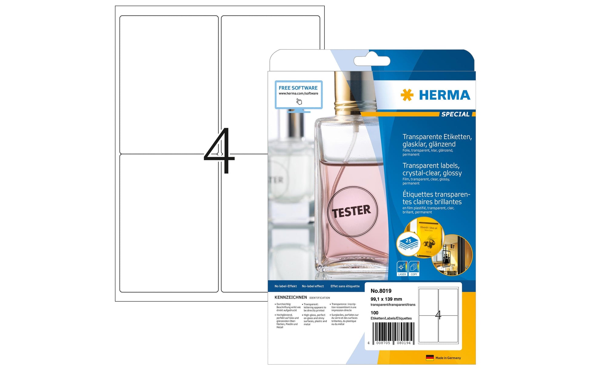 HERMA Druckeretiketten, 99 mm × 139 mm, transparent, Folie, permanent, 25 Blätter (100 Etiketten)
