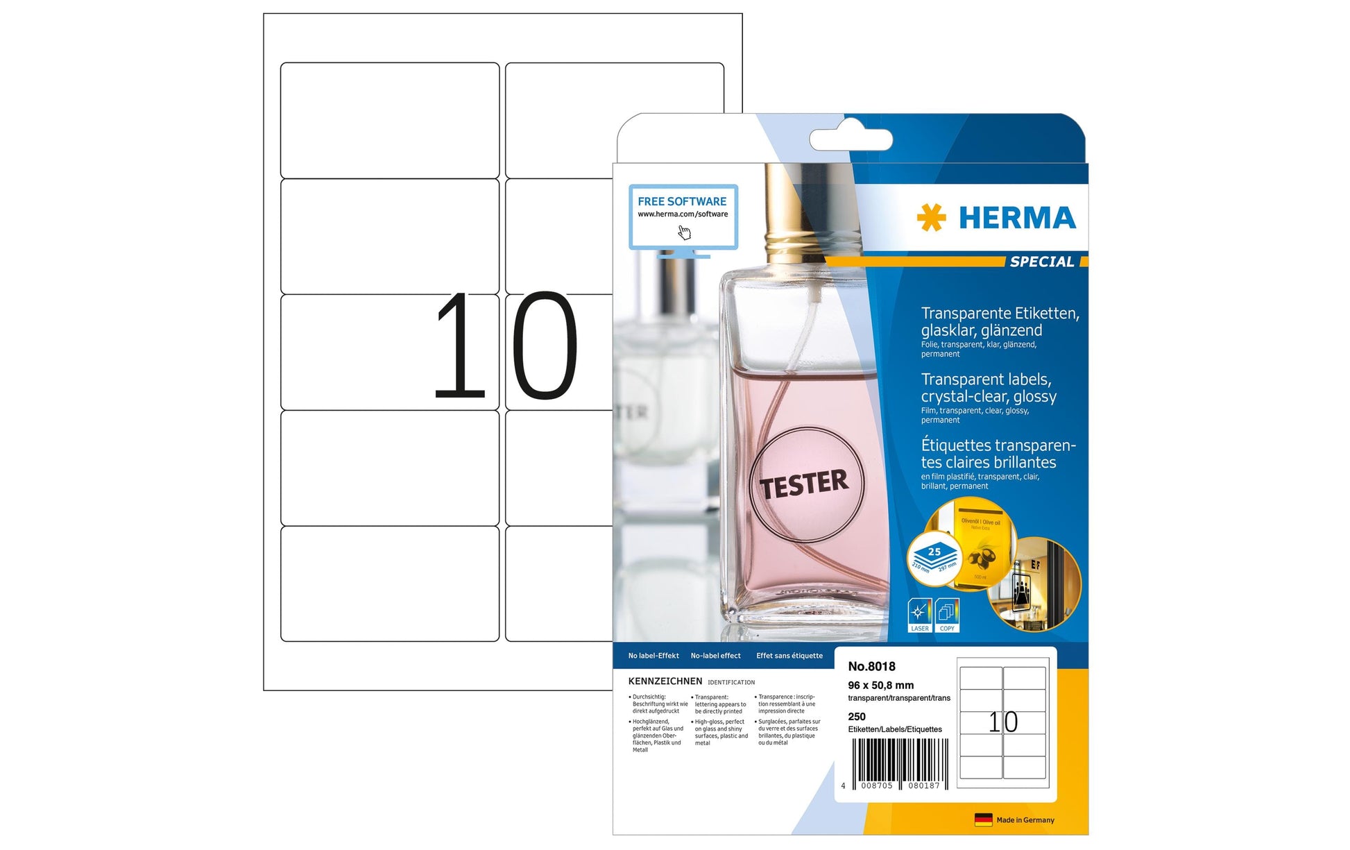 HERMA Etiketten auf Bögen, 96 mm × 51 mm, transparent, Folie, permanent, 25 Blatt (250 Etiketten)