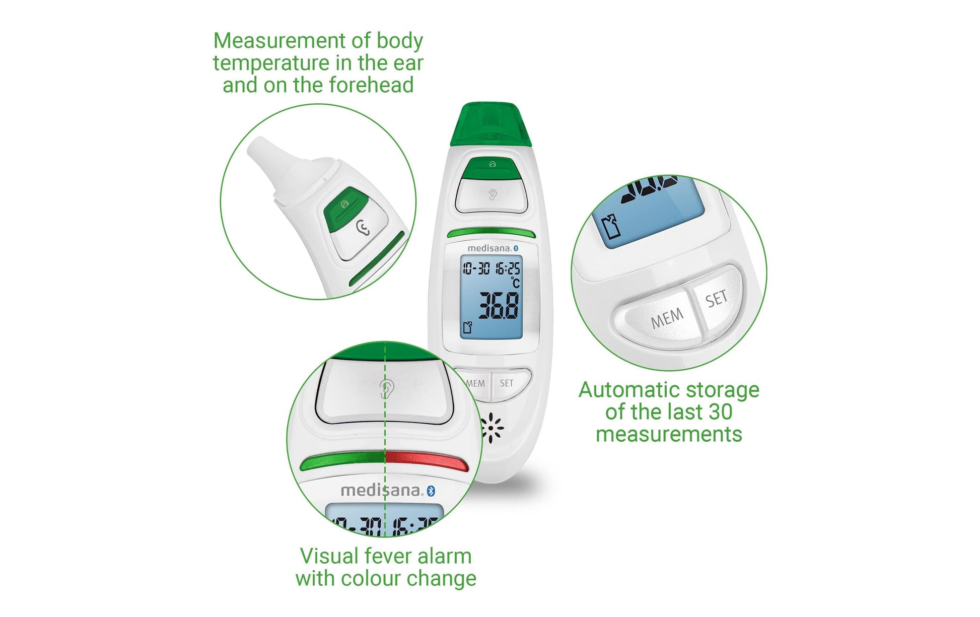 Medisana TM750 CONNECT – Infrarot-Ohr- und Stirnthermometer – 30 Speicher, ±0,3 °C – Weiss