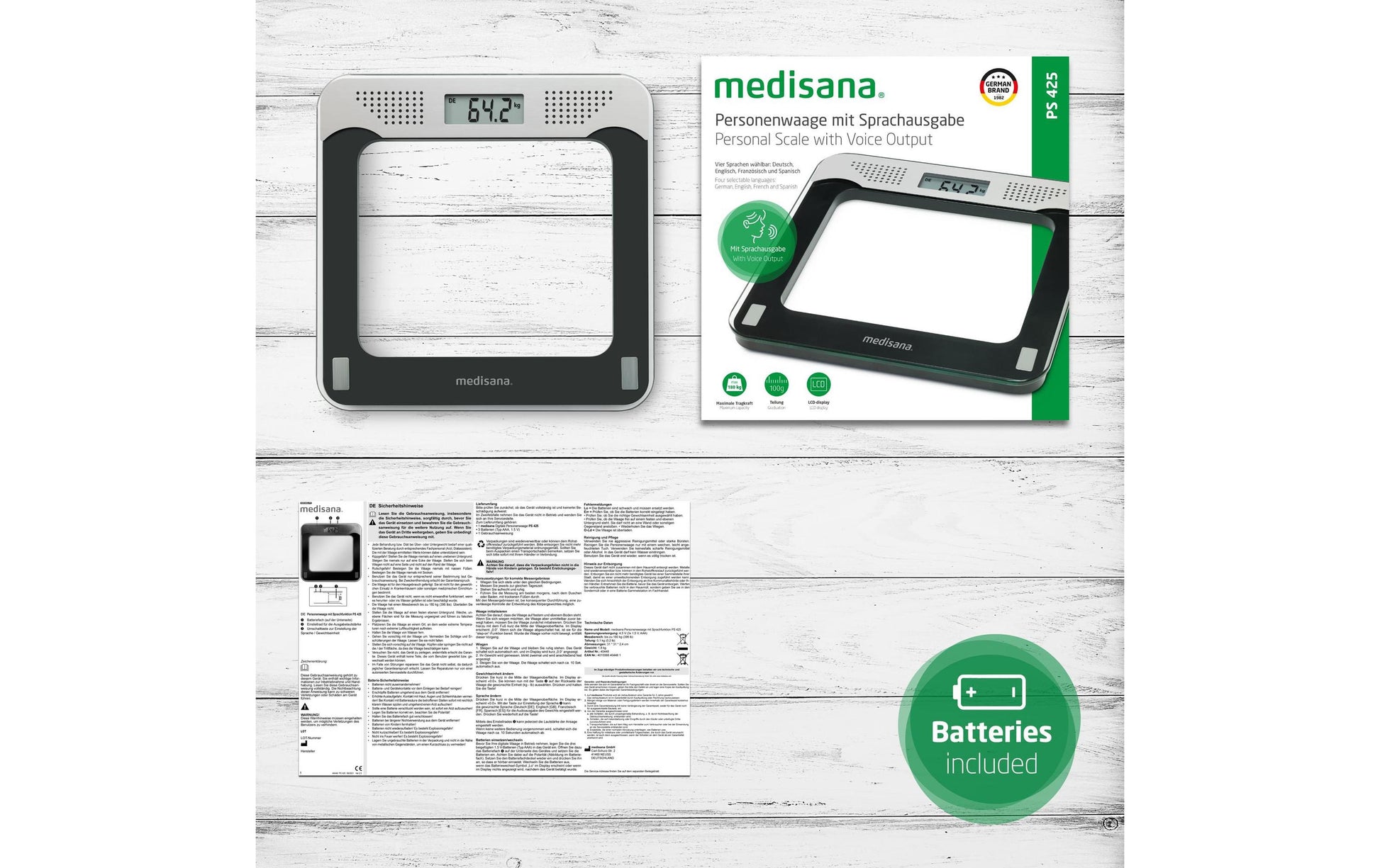 Medisana Personenwaage PS425 – 31×31×2,4 cm, Glas, 180 kg, Schwarz