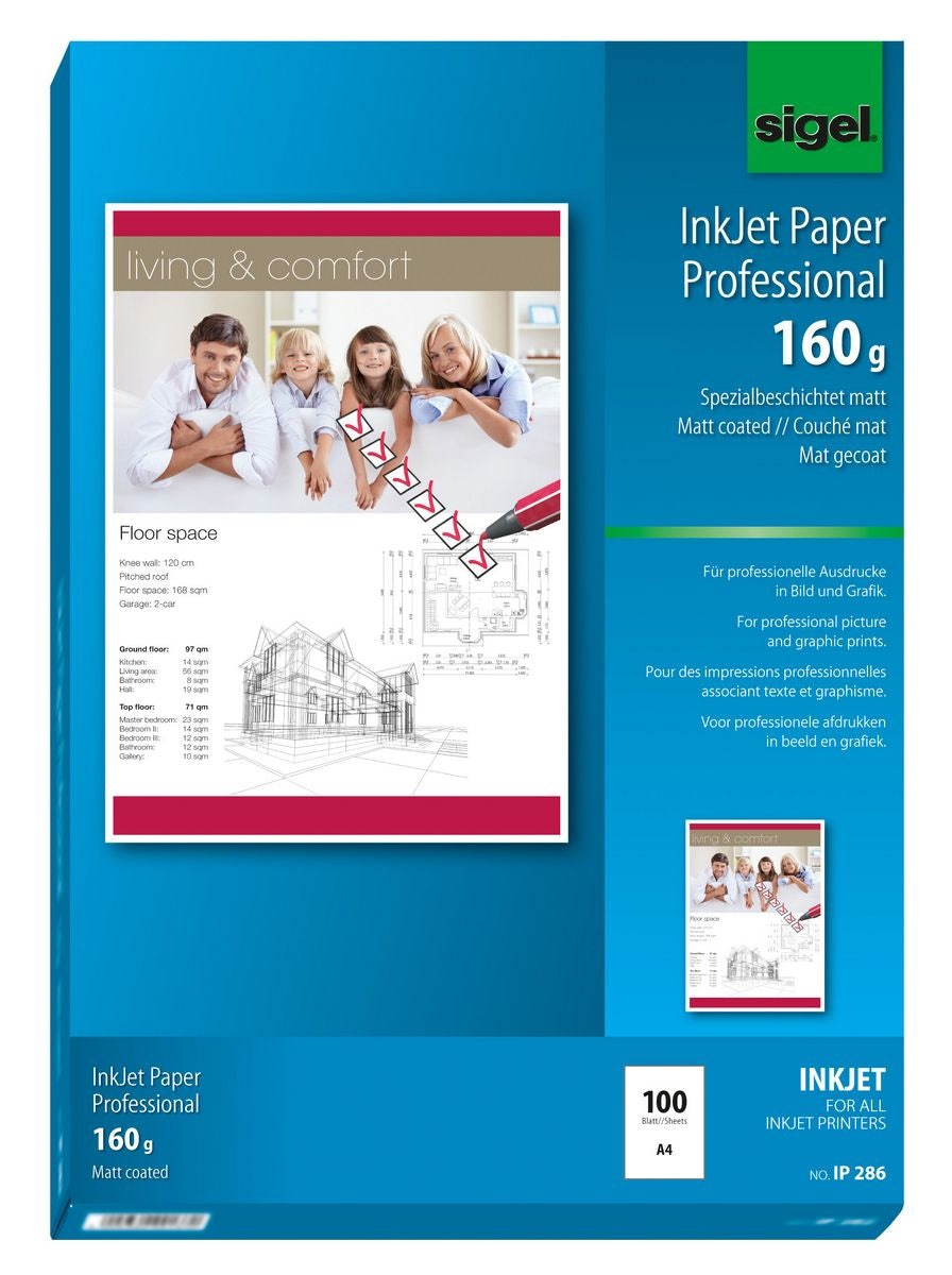 Sigel Inkjetpapier – A4, 160 g/m², Weiss – für Inkjet – 100 Blätter