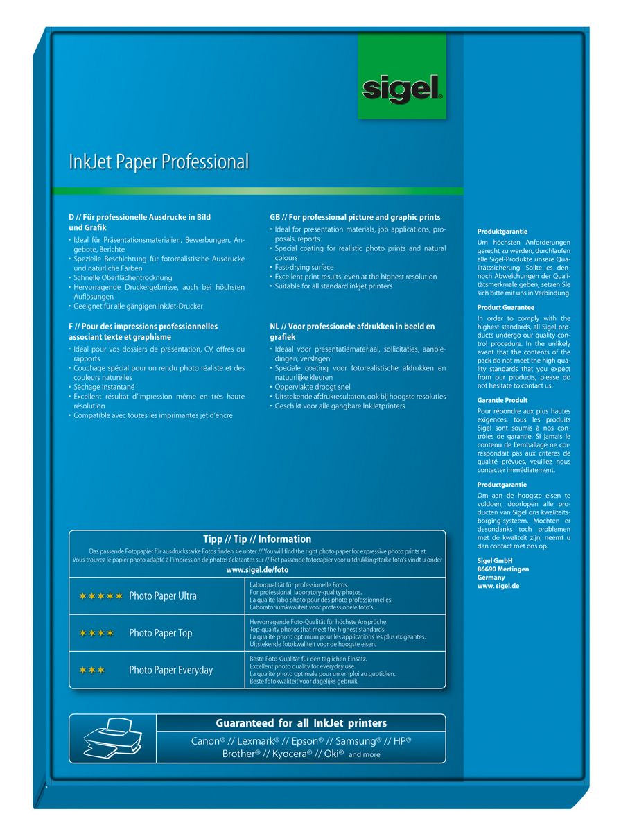 Sigel Inkjetpapier – A4, 160 g/m², Weiss – für Inkjet – 100 Blätter