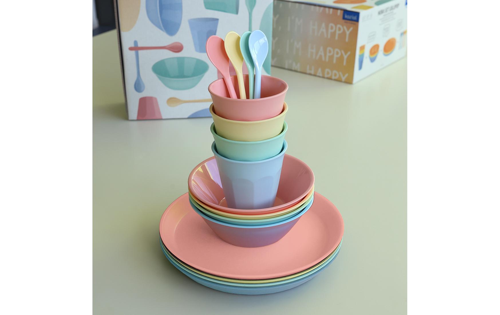 Koziol Geschirrset NORA MACARONS – 16-teiliges Set, Kunststoff (biozirkulär), Mehrfarbig, spülmaschinenfest