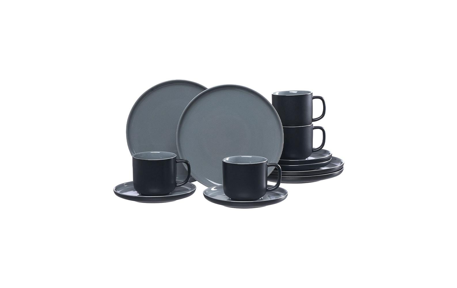 Ritzenhoff & Breker Frühstück-Serviceset Jasper – 12-teiliges Set, Ø 15 cm, Steingut, Schwarz, spülmaschinenfest