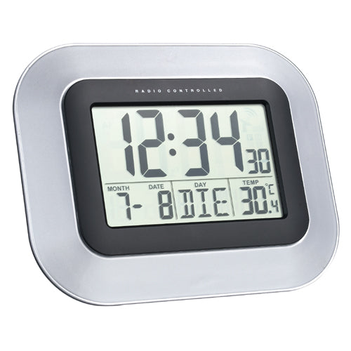 Technoline Digitale Wanduhr WS8005 – Funk – 22,6 × 18 × 3 cm, Silber, Kunststoff, Thermometer, Kalender