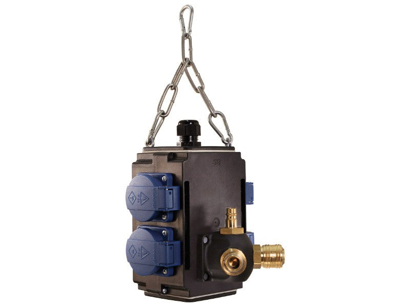 Bachmann Gartenstromverteiler, 4×T13, IP44, Druckluft 1/2" (1×Eingang, 2×Ausgang) – Schwarz/Blau
