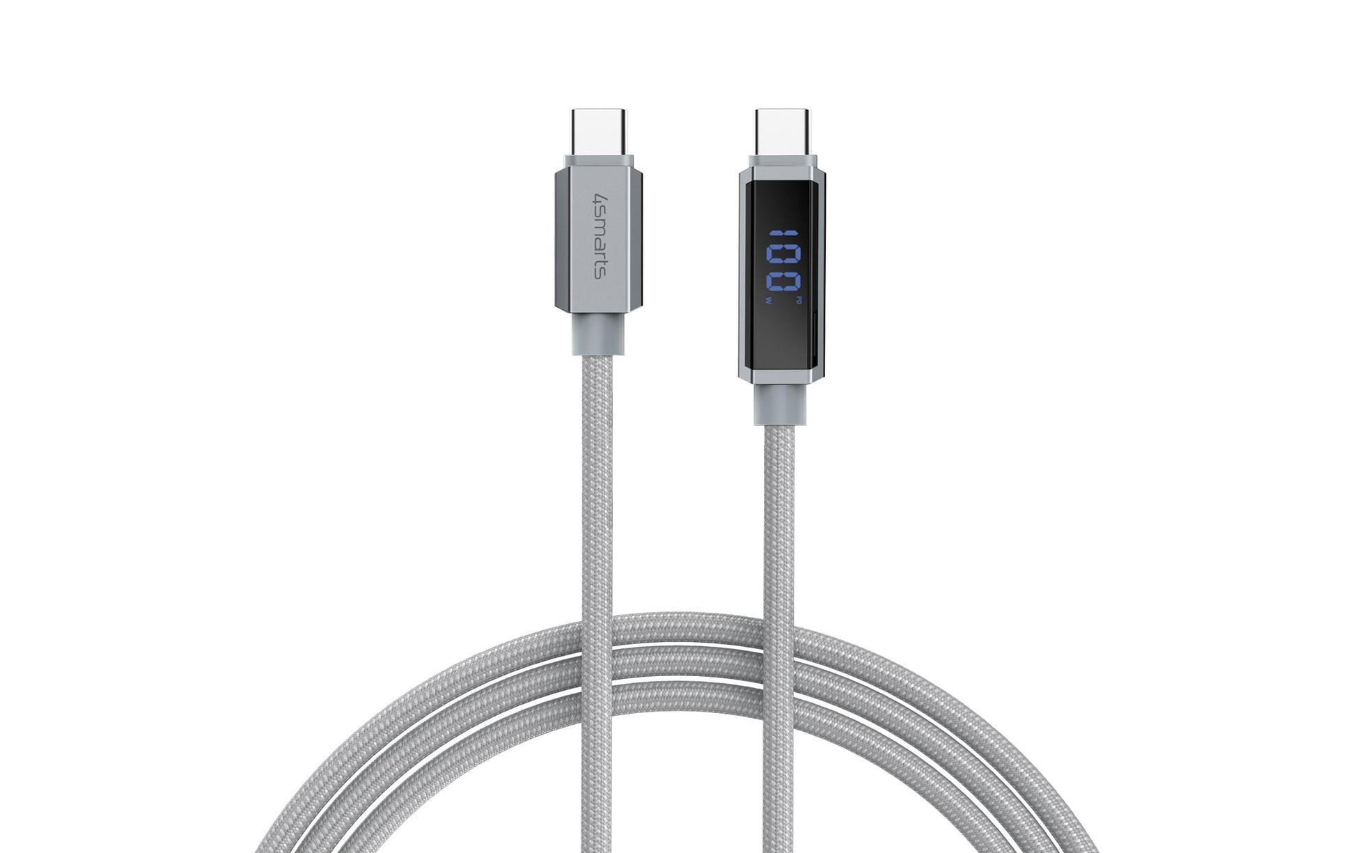 4smarts USB-C auf USB-C Kabel – USB 2.0 (480 Mbit/s) – 1,5 m – PD 100 W – LED-Display, Geflochten – Grau