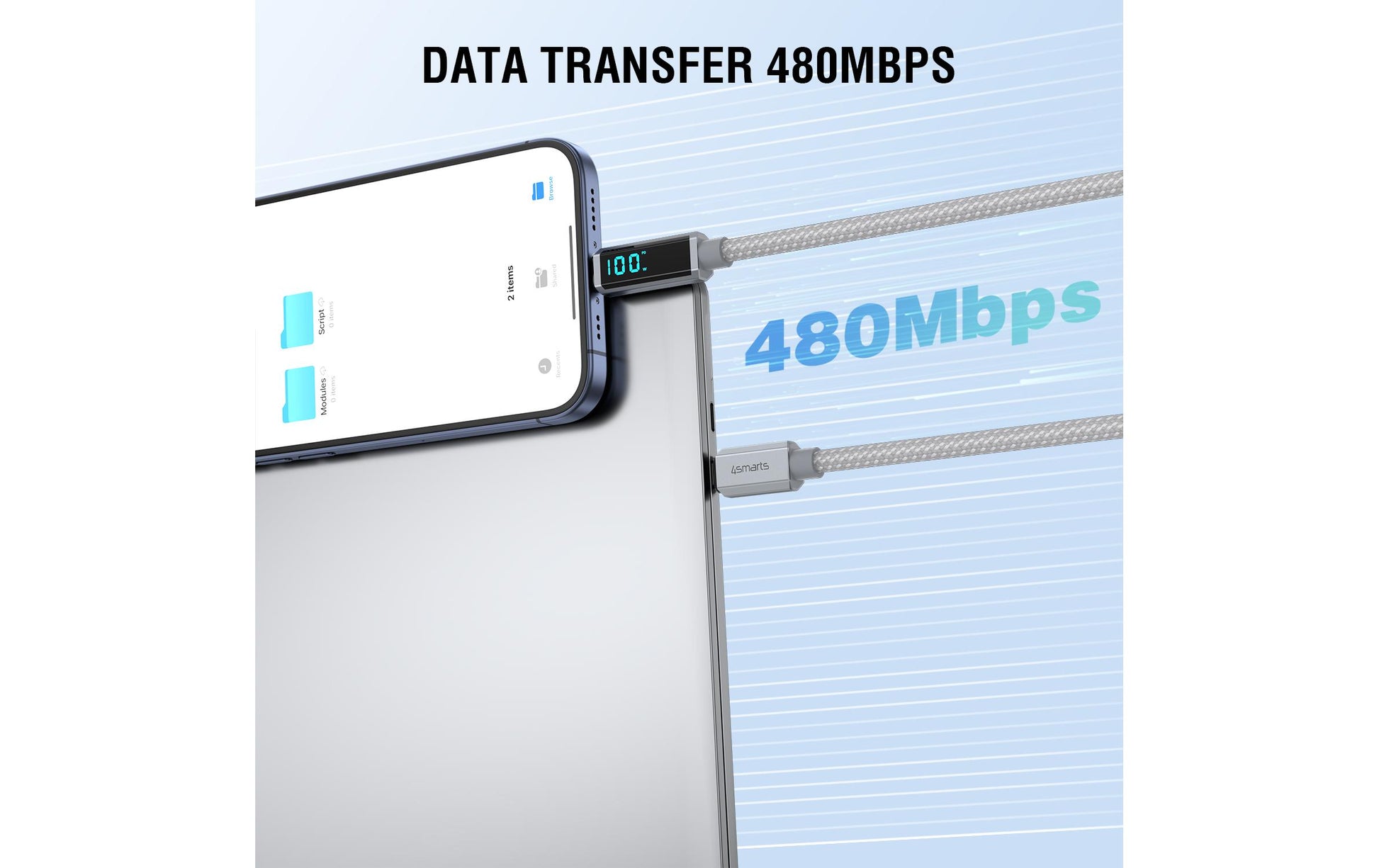 4smarts USB-C auf USB-C Kabel – USB 2.0 (480 Mbit/s) – 1,5 m – PD 100 W – LED-Display, Geflochten – Grau