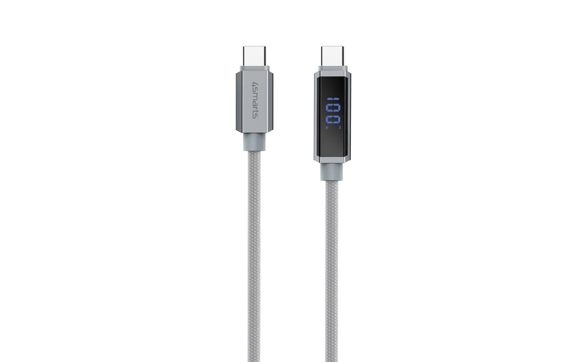 4smarts USB-C auf USB-C Kabel – USB 2.0 (480 Mbit/s) – 1,5 m – PD 100 W – LED-Display, Geflochten – Grau