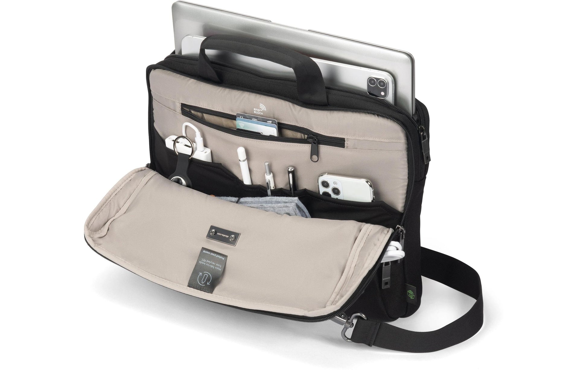 DICOTA Slim Casei FIVE Notebook-Tasche bis 14" – Trolley-Band, verschliessbar – Schwarz