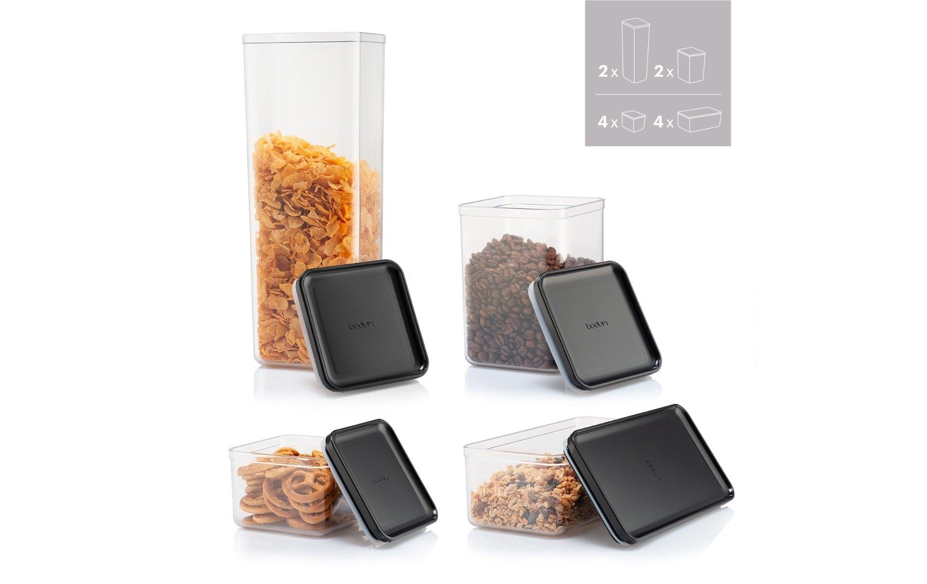 Bodum Vorratsdosen-Set Canteen – 12-teilig (4×1 l, 2×1,2 l, 4×0,5 l, 2×2,6 l) – eckig – Kunststoff – schwarz