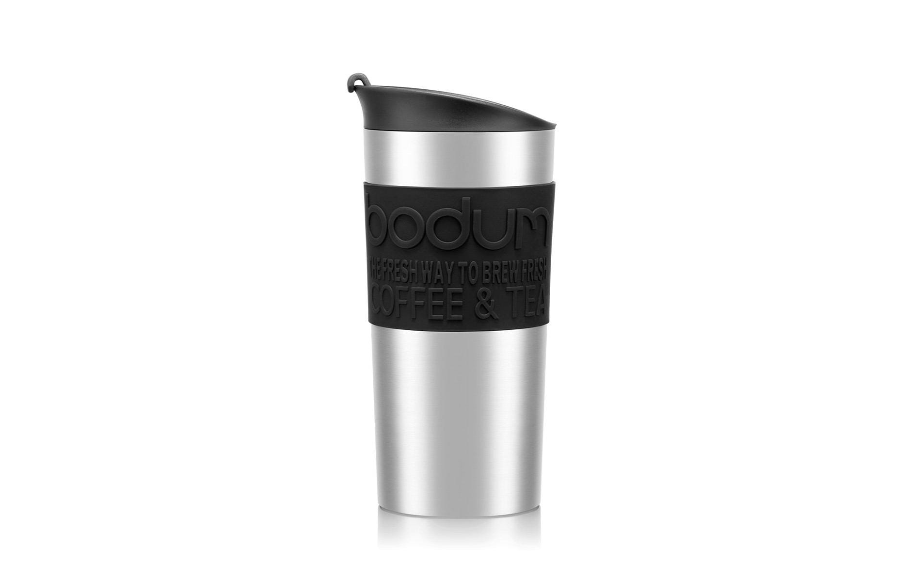 Bodum Reisebecher 11068-01 – 350 ml, Ø 8,9 cm, H 18,3 cm, Edelstahl/Silikon, Schwarz, doppelwandig, tropffrei