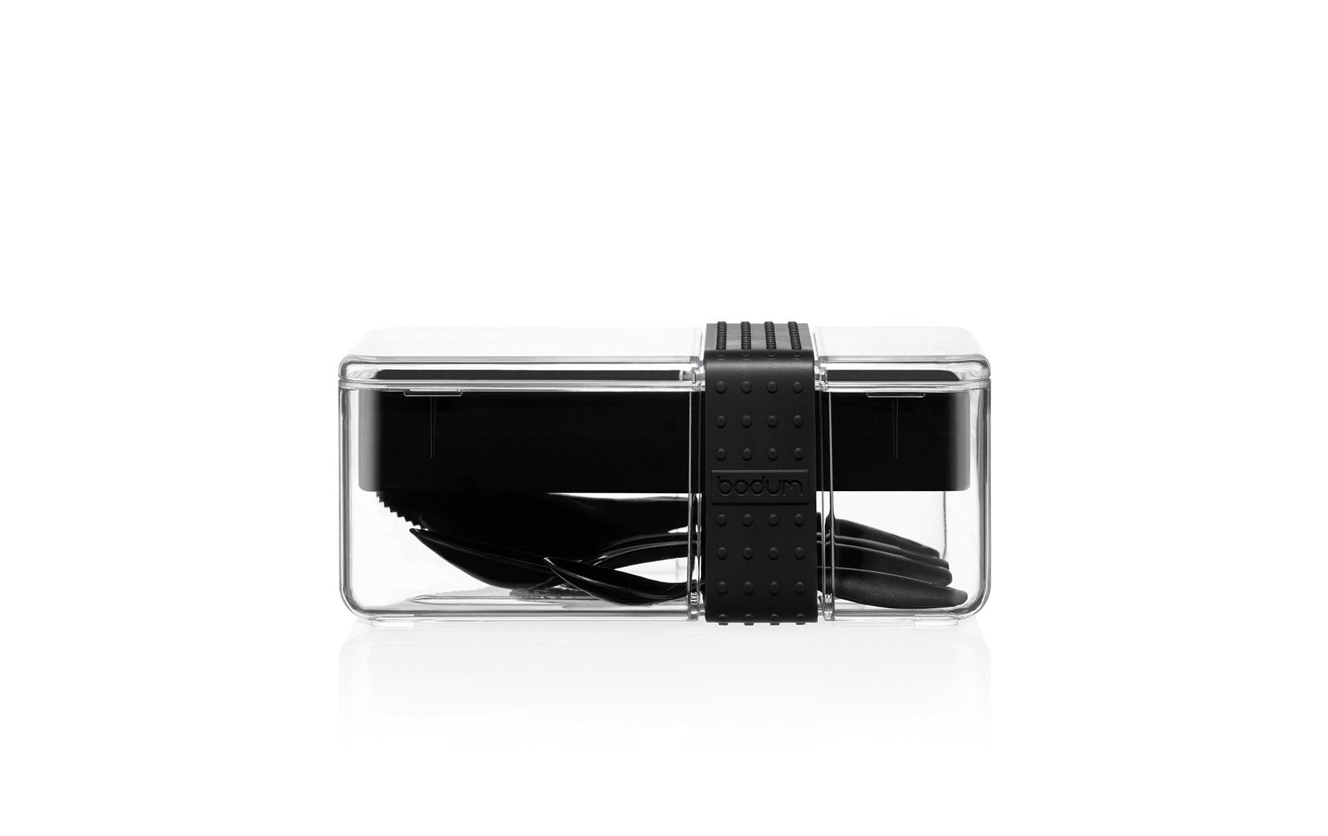 Bodum Lunchbox Bistro – mit Besteck, mit Innenteiler – Kunststoff – schwarz – 20,8 × 8,6 × 13,5 cm