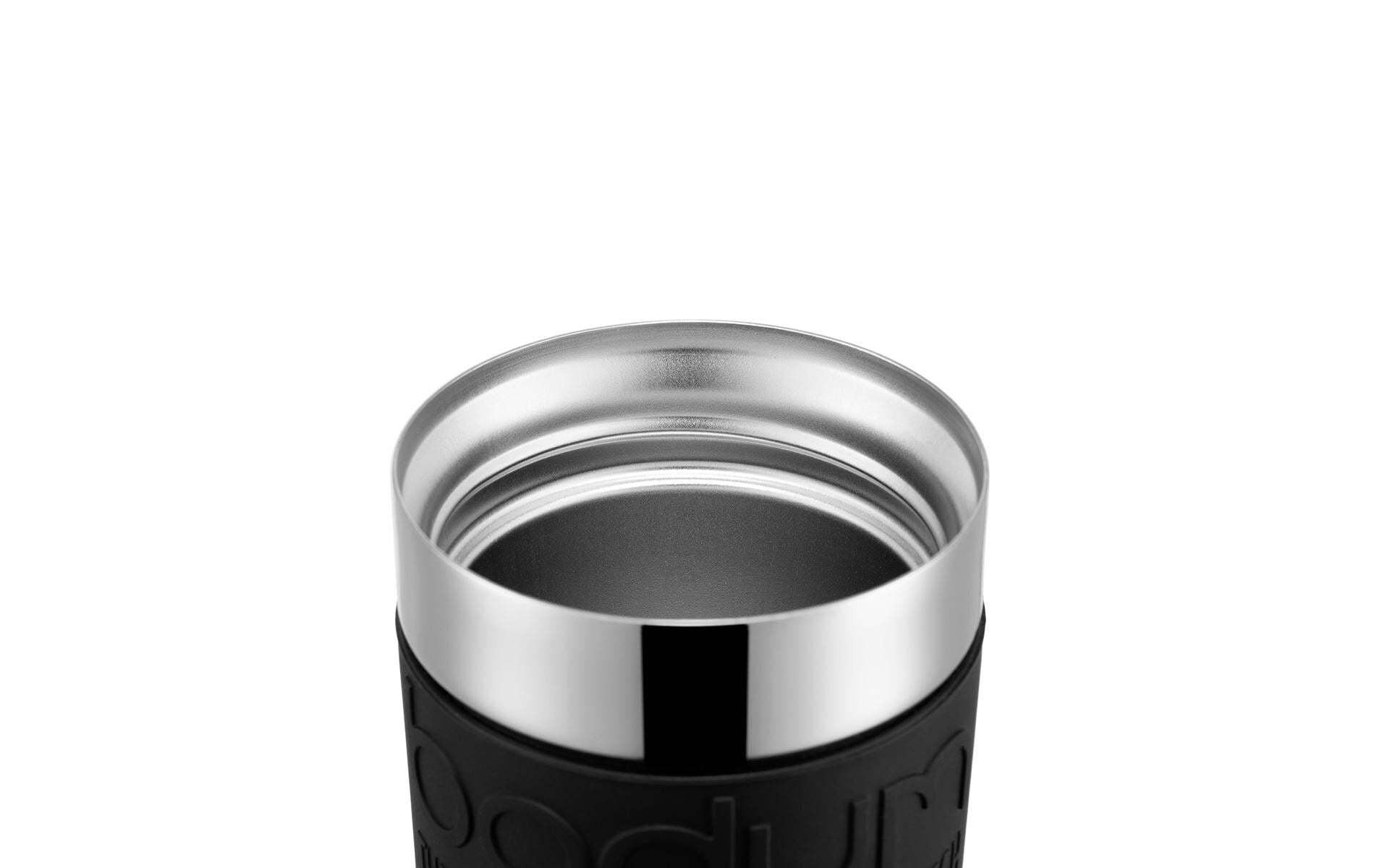 Bodum Reisebecher 11068-01 – 350 ml, Ø 8,9 cm, H 18,3 cm, Edelstahl/Silikon, Schwarz, doppelwandig, tropffrei