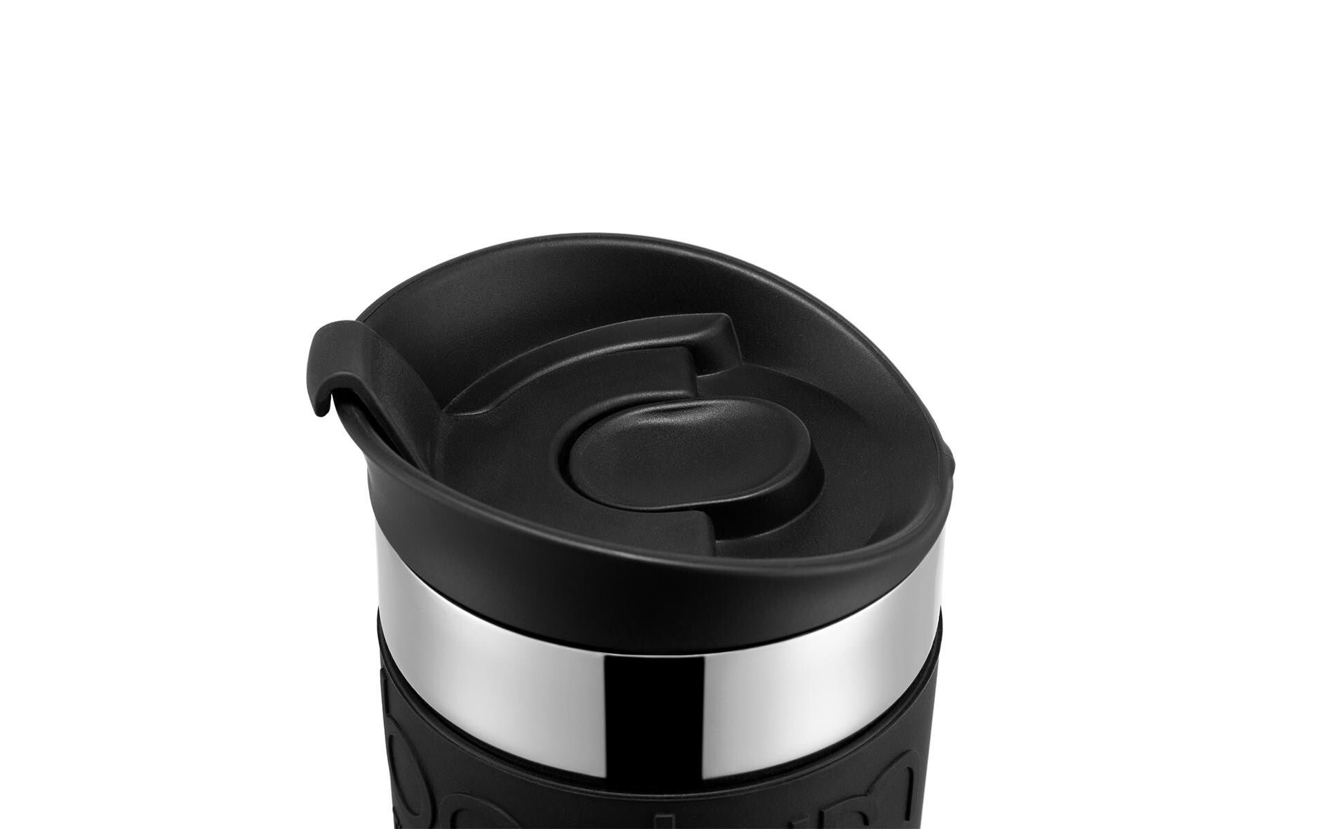 Bodum Reisebecher 11068-01 – 350 ml, Ø 8,9 cm, H 18,3 cm, Edelstahl/Silikon, Schwarz, doppelwandig, tropffrei