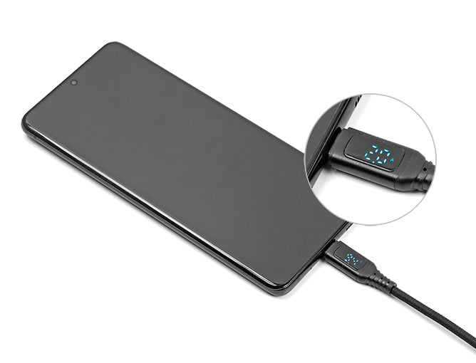 DeLOCK USB-C auf USB-C Kabel – USB 2.0 (480 Mbit/s) – 1,2 m – PD 140 W – Textilmantel, LED-Display – Schwarz