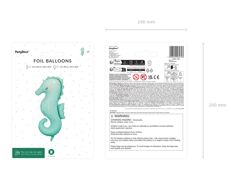 PartyDeco Folienballon Seepferdchen – mehrfarbig – 47 × 98 cm – 1 Stk