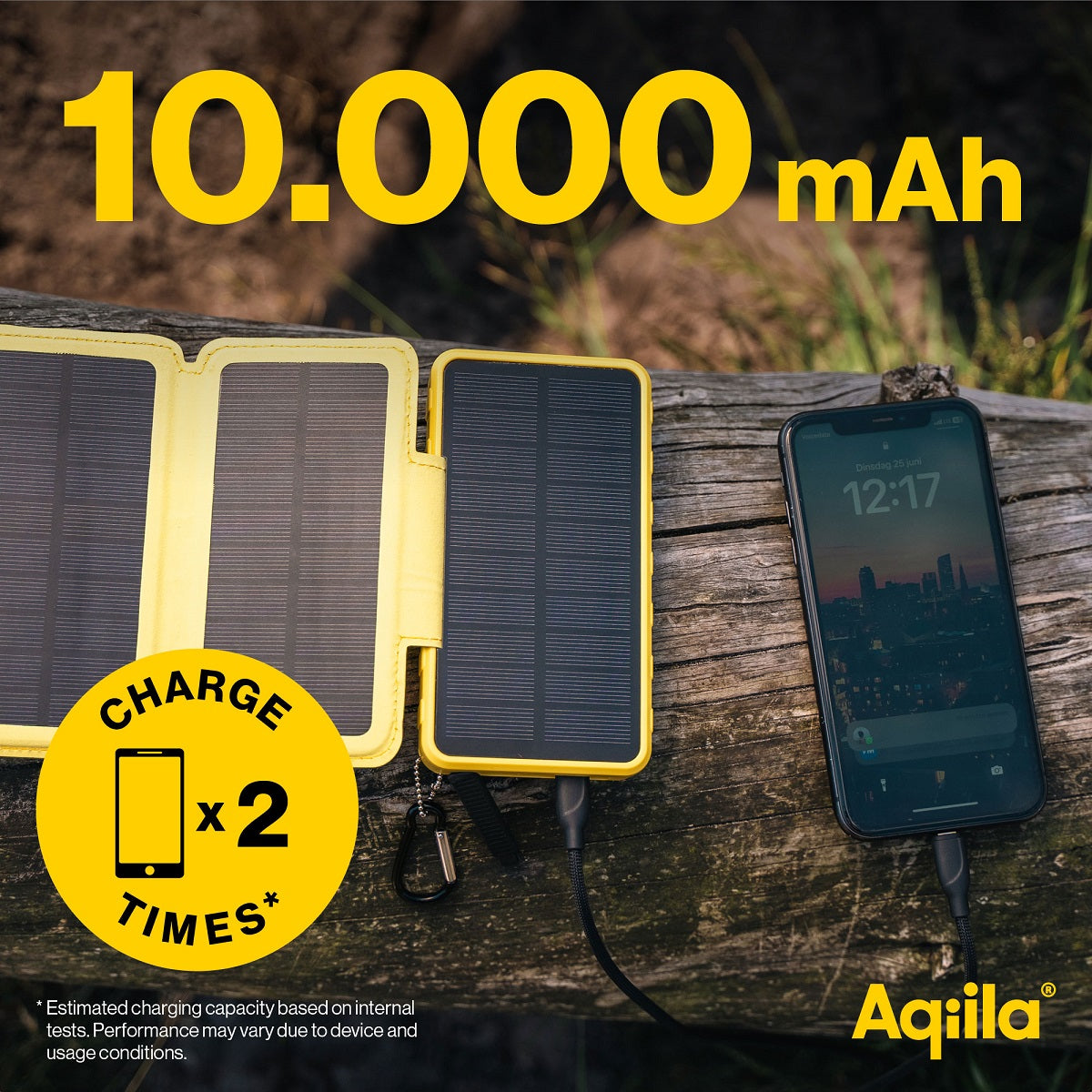 Aqiila Powerbird BS10 Solar Powerbank 10'000 mAh – 20 W PD, 1× USB-C, 1× USB-A, gelb