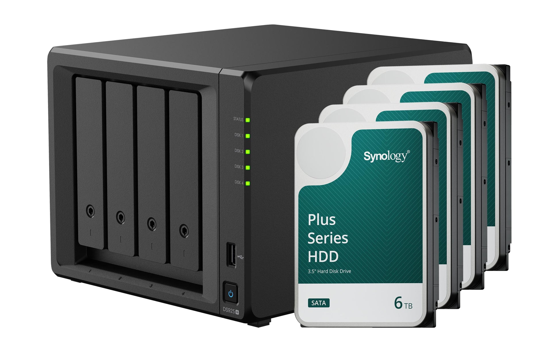 Synology DS925+ – 4-Bay Tower NAS – AMD Ryzen V1500B, 4 GB RAM, 2.5GbE, 24 TB HDD vorinstalliert, für 2,5"/3,5"