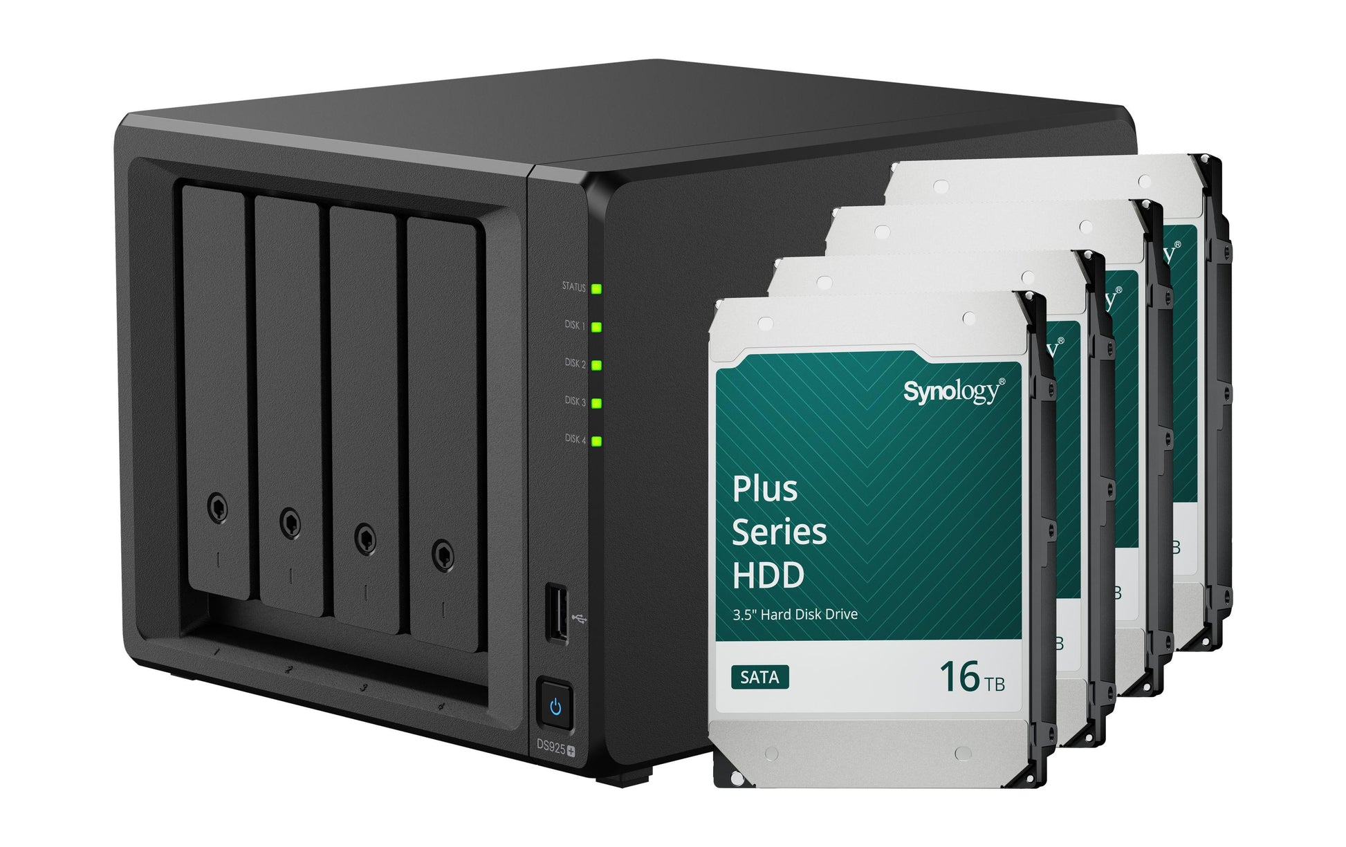 Synology DS925+ – 4-Bay Tower NAS – AMD Ryzen V1500B, 4 GB RAM, 2.5GbE, 64 TB HDD vorinstalliert