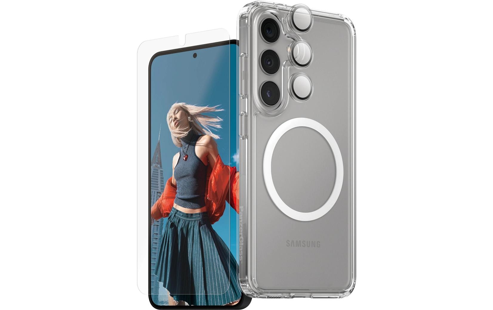 PanzerGlass CARE Schutz-Set 3-in-1 – für Samsung Galaxy S25 Edge, kratzresistent, stossfest, mit Montagerahmen