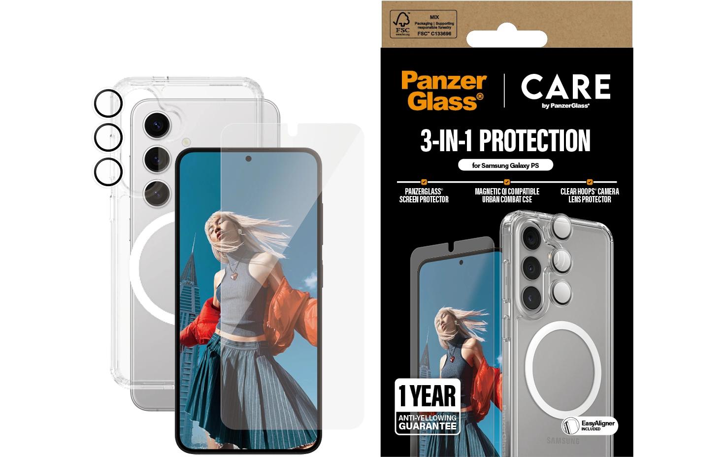 PanzerGlass CARE Schutz-Set 3-in-1 – für Samsung Galaxy S25 Edge, kratzresistent, stossfest, mit Montagerahmen