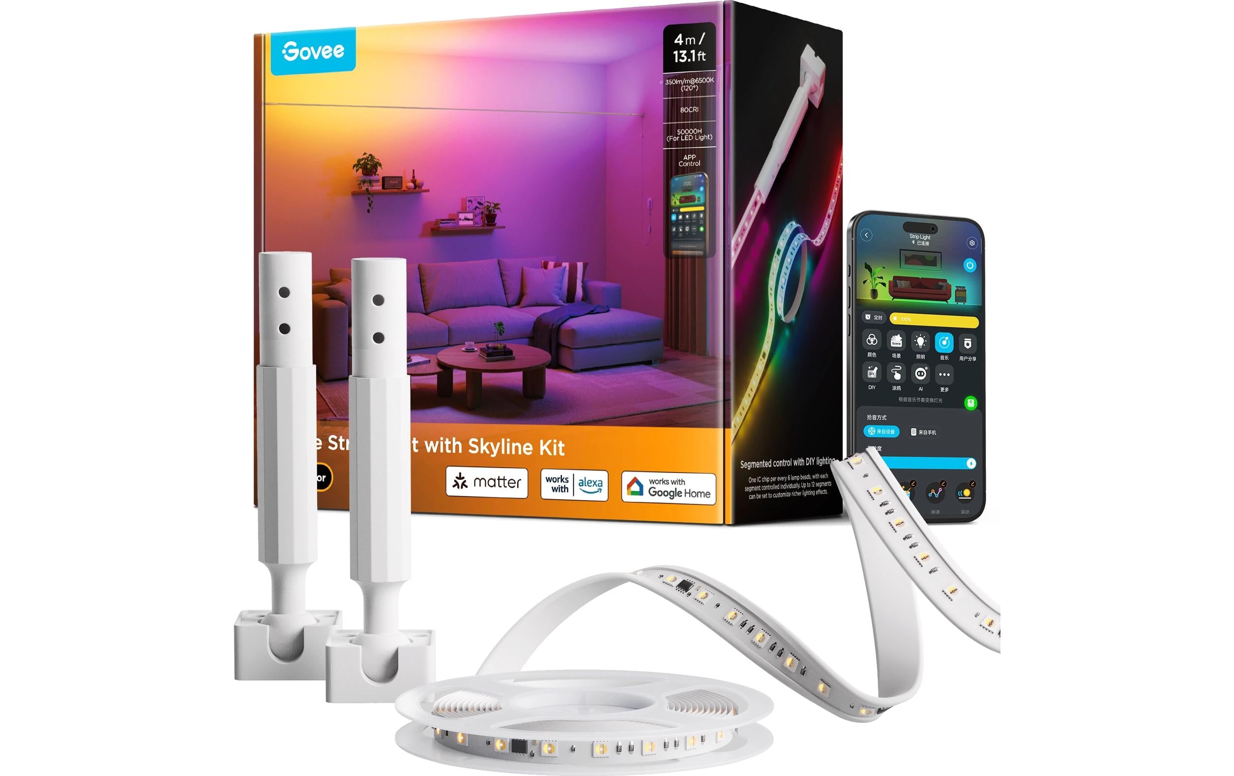Govee LED-Strip Skyline Kit – 4 m, 2200–6500 K/mehrfarbig, WLAN, Bluetooth, Matter, für Alexa – Weiss