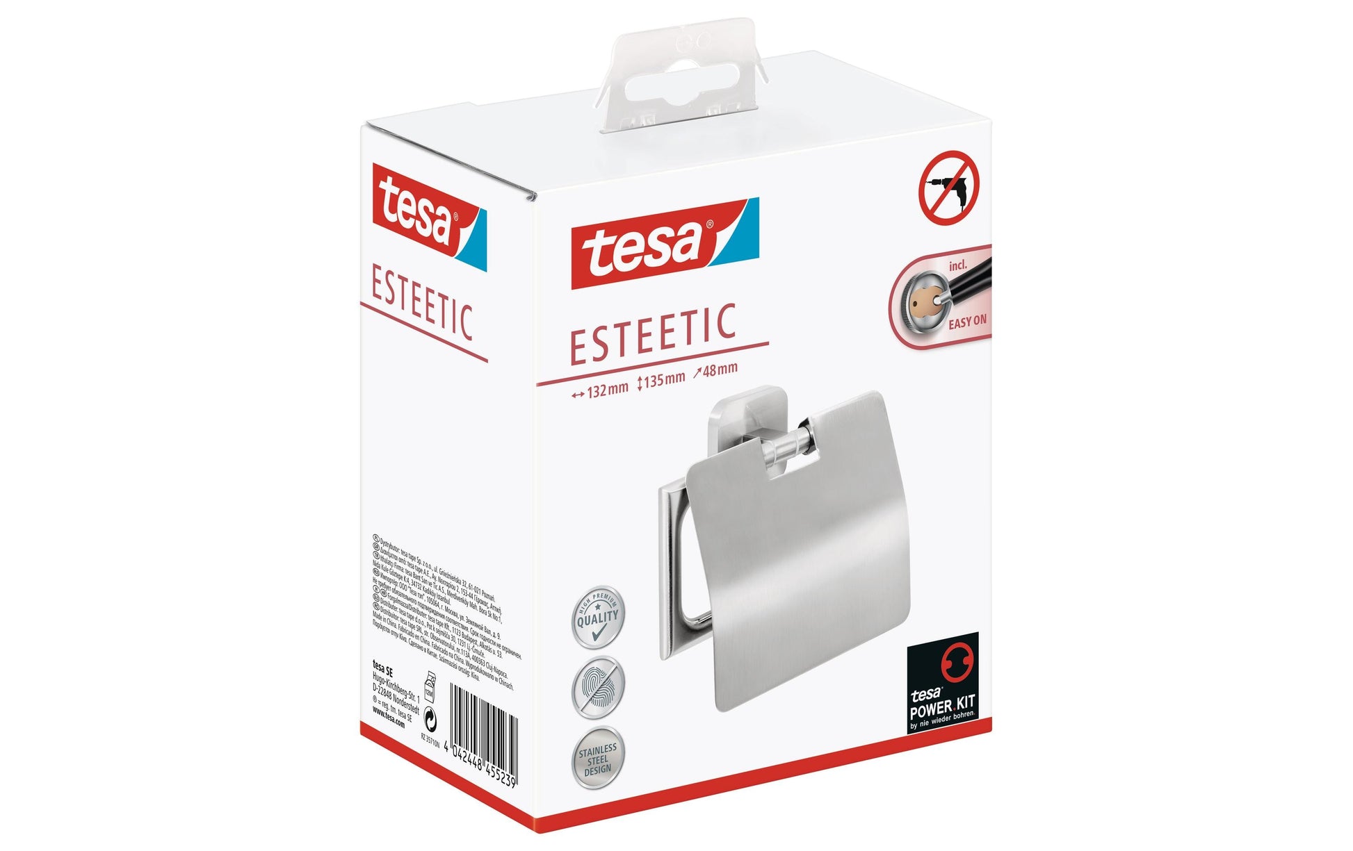 TESA Toilettenpapierhalter mit Deckel – Edelstahl, Silber, selbstklebend, 13,5 × 13,2 × 4,8 cm