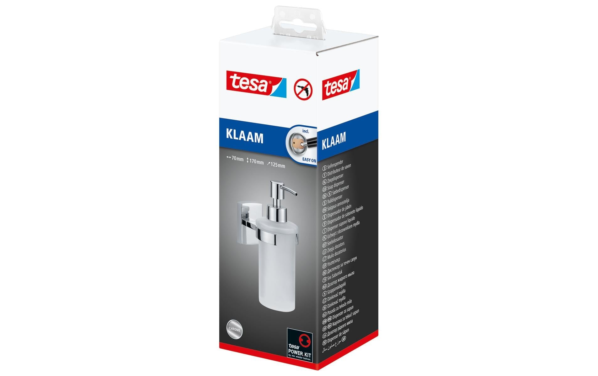 TESA Seifenspender, manuell, 200 ml, Wandmontage, Metall, Edelstahl, B 70 × H 170 × T 125 mm, mit Klebepad