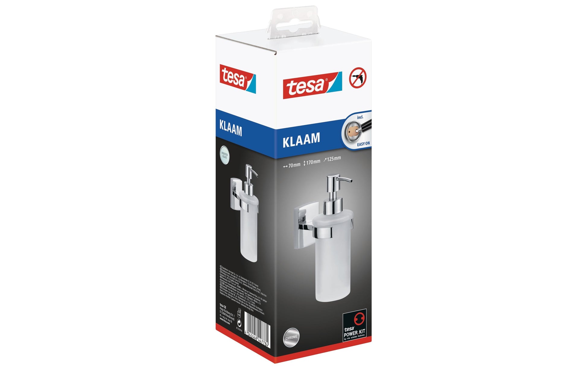 TESA Seifenspender, manuell, 200 ml, Wandmontage, Metall, Edelstahl, B 70 × H 170 × T 125 mm, mit Klebepad