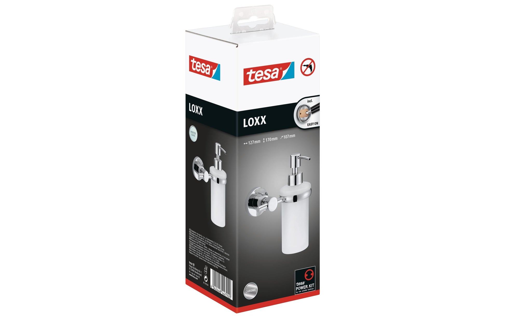 TESA Seifenspender, manuell, 200 ml, Wandmontage, Glas, Metall, Chrom, B 127 × H 107 × T 170 mm