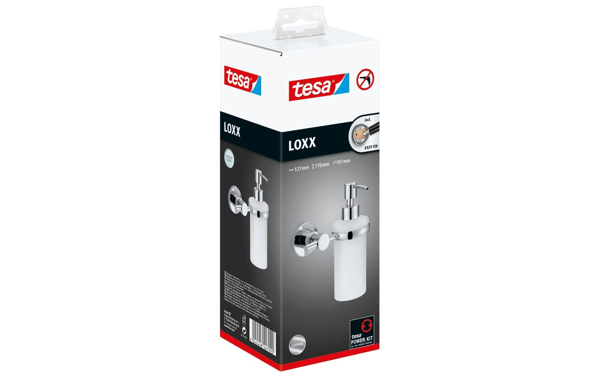 TESA Seifenspender, manuell, 200 ml, Wandmontage, Glas, Metall, Chrom, B 127 × H 107 × T 170 mm